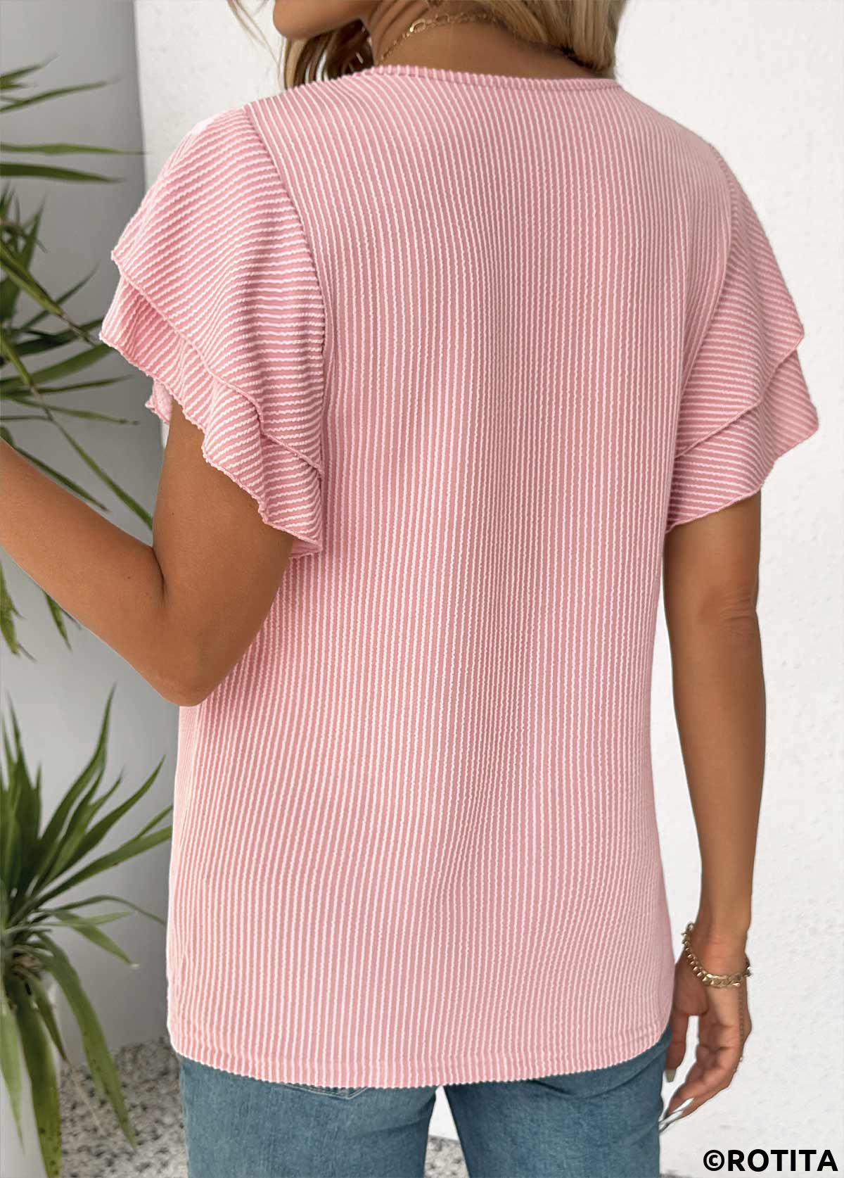 Light Pink tops,Plain Color tops,ROTITA Light Pink Round Neck Short Sleeve T Shirt