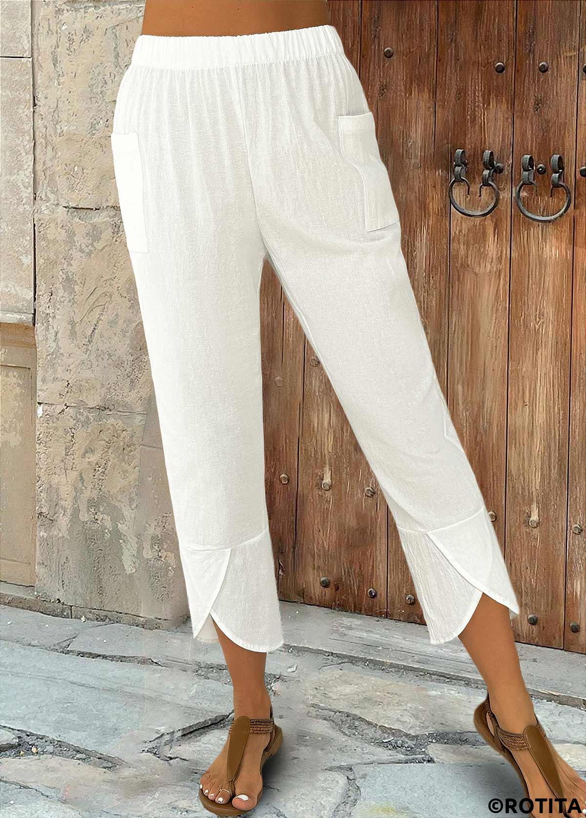 White bottoms,Plain Color bottoms,White Elastic Waist High Waisted Pants