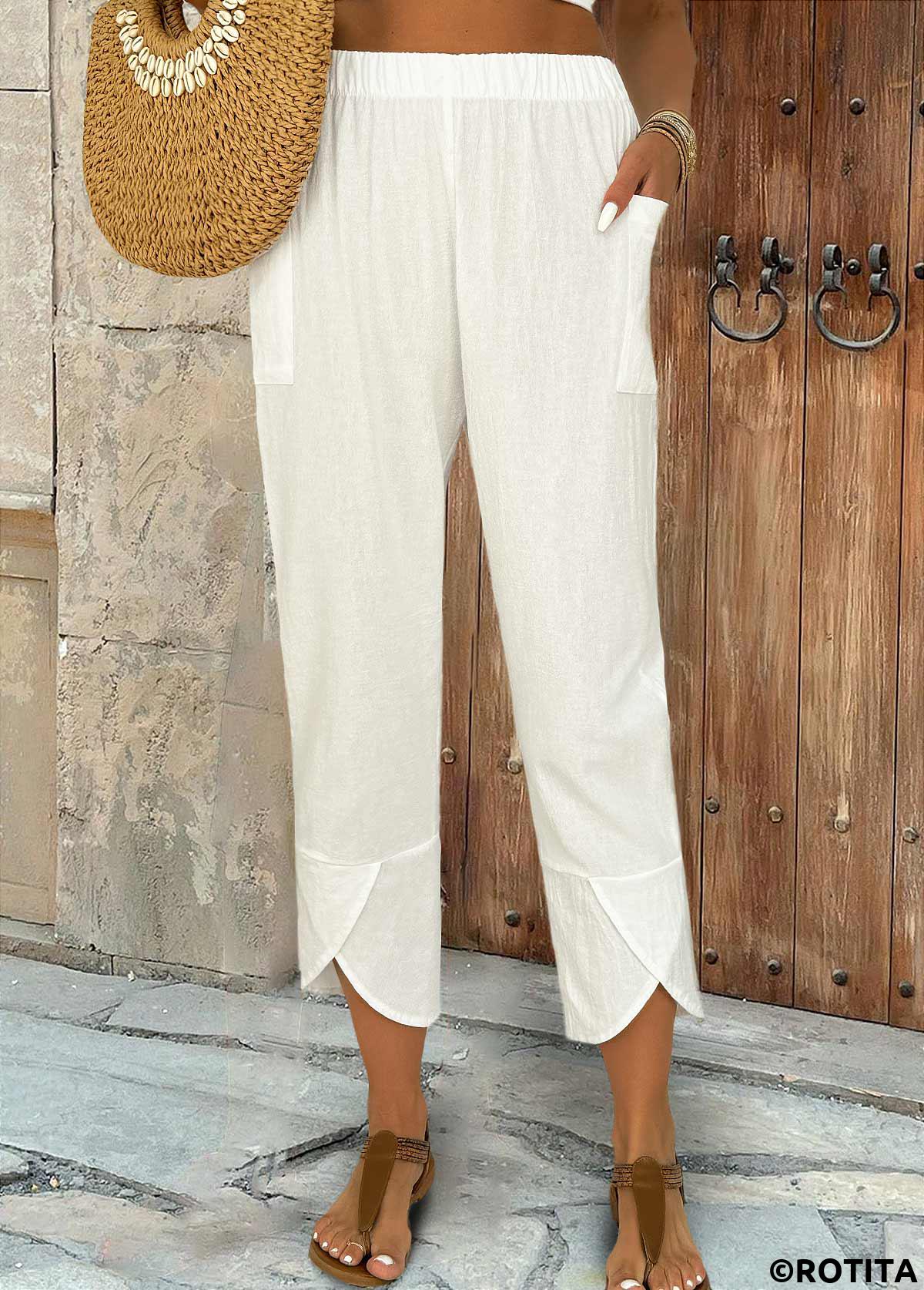 White bottoms,Plain Color bottoms,White Elastic Waist High Waisted Pants