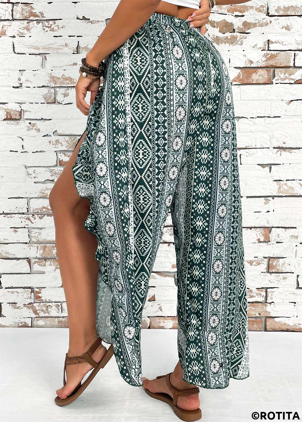 Blackish Green bottoms,Tribal bottoms,Tribal Print Blackish Green Wide Leg Elastic Waist Pants