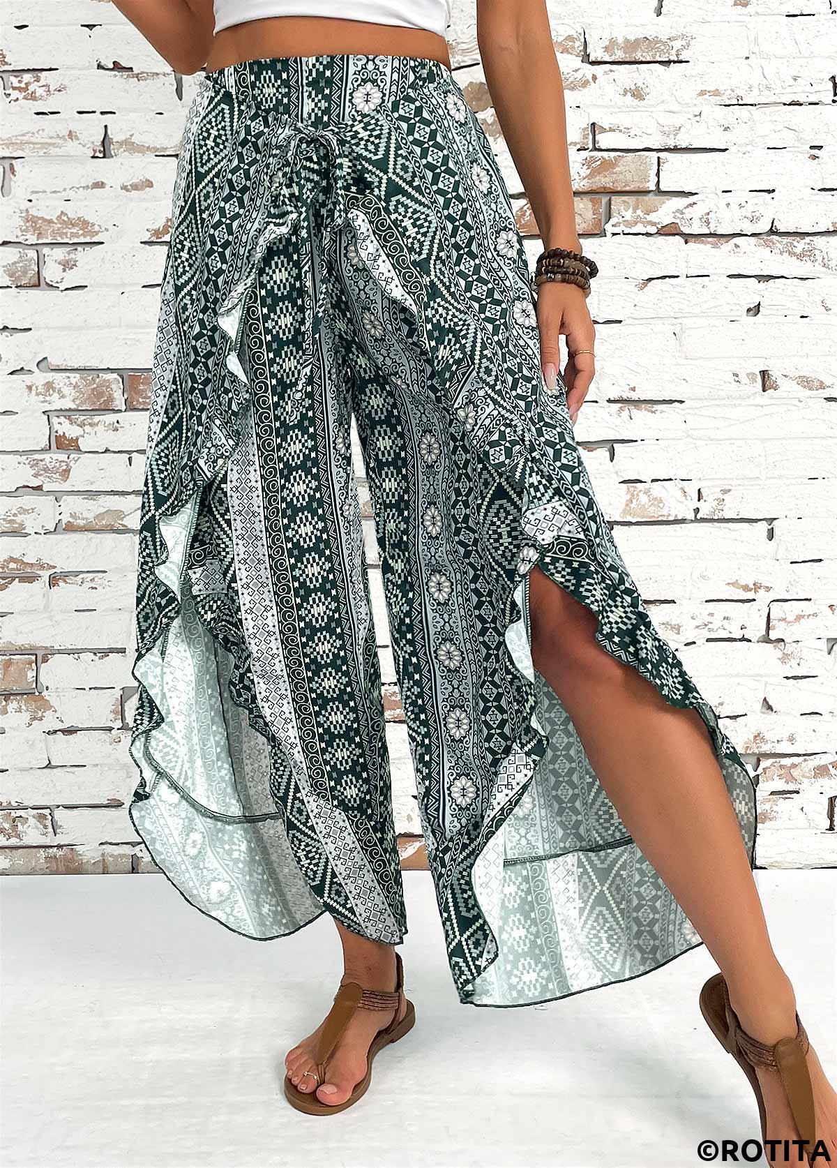 Blackish Green bottoms,Tribal bottoms,Tribal Print Blackish Green Wide Leg Elastic Waist Pants