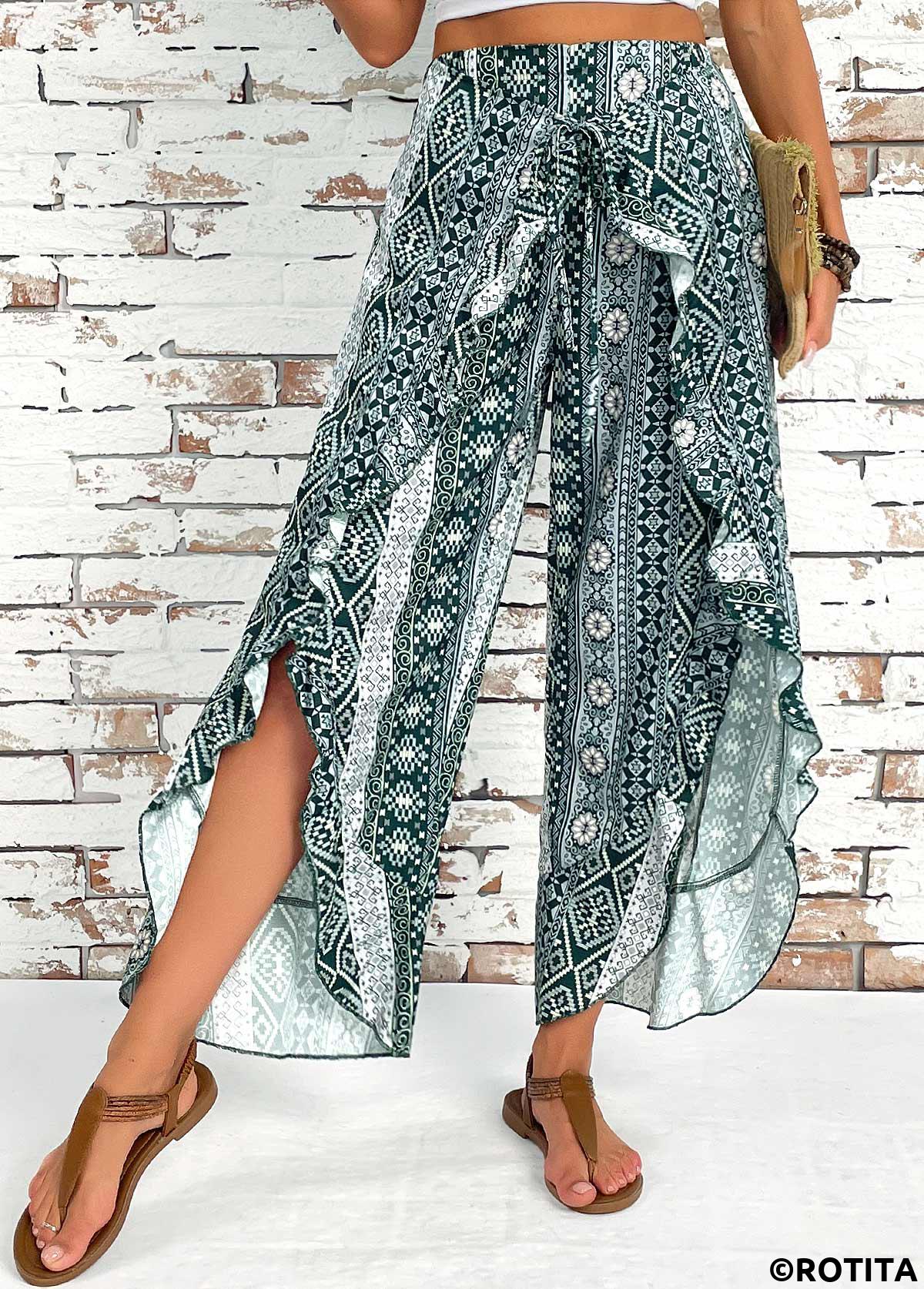 Blackish Green bottoms,Tribal bottoms,Tribal Print Blackish Green Wide Leg Elastic Waist Pants