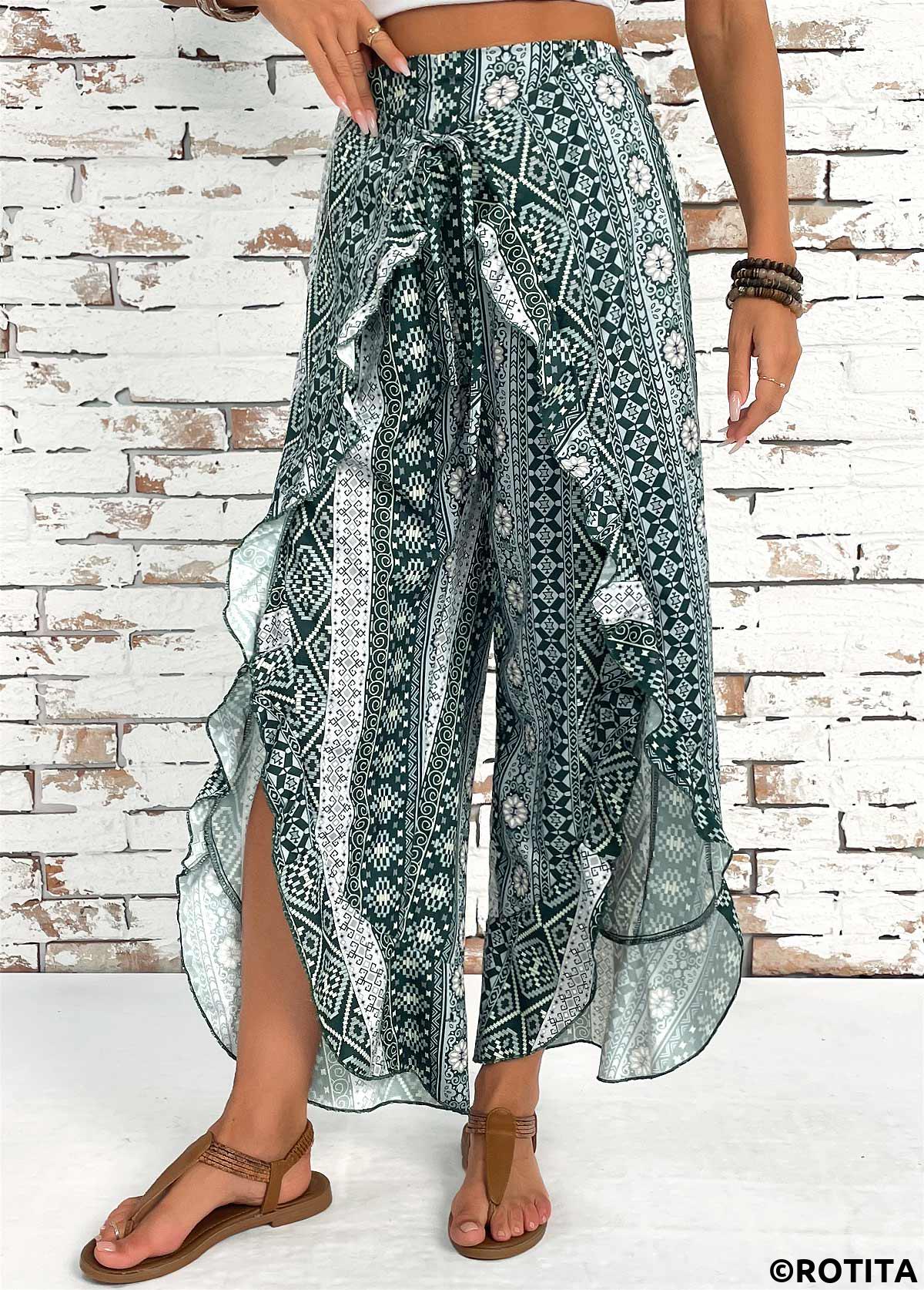 Blackish Green bottoms,Tribal bottoms,Tribal Print Blackish Green Wide Leg Elastic Waist Pants