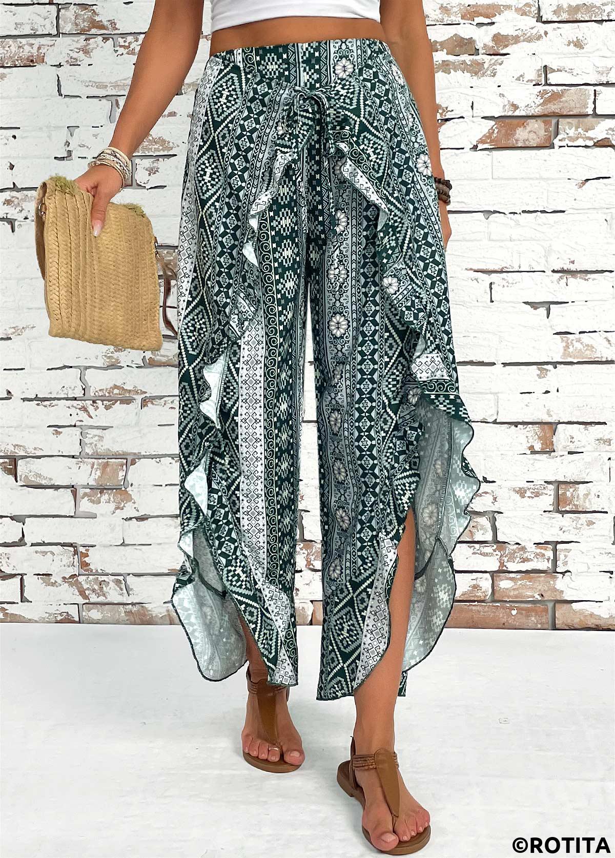 Blackish Green bottoms,Tribal bottoms,Tribal Print Blackish Green Wide Leg Elastic Waist Pants