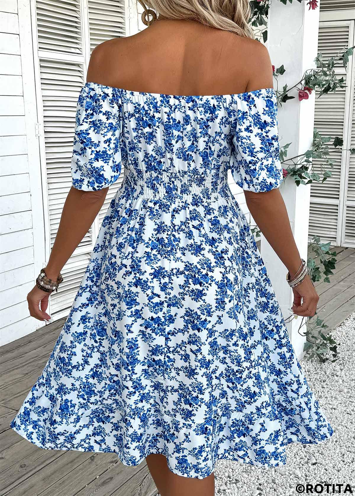 Blue dresses,Ditsy Floral dresses,Vacation dresses,Vacation dresses,ROTITA Ditsy Floral Print Blue Off Shoulder Short Sleeve Dress