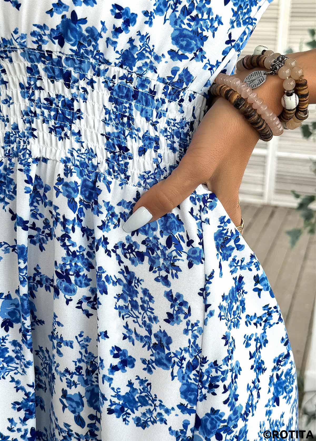 Blue dresses,Ditsy Floral dresses,Vacation dresses,Vacation dresses,ROTITA Ditsy Floral Print Blue Off Shoulder Short Sleeve Dress