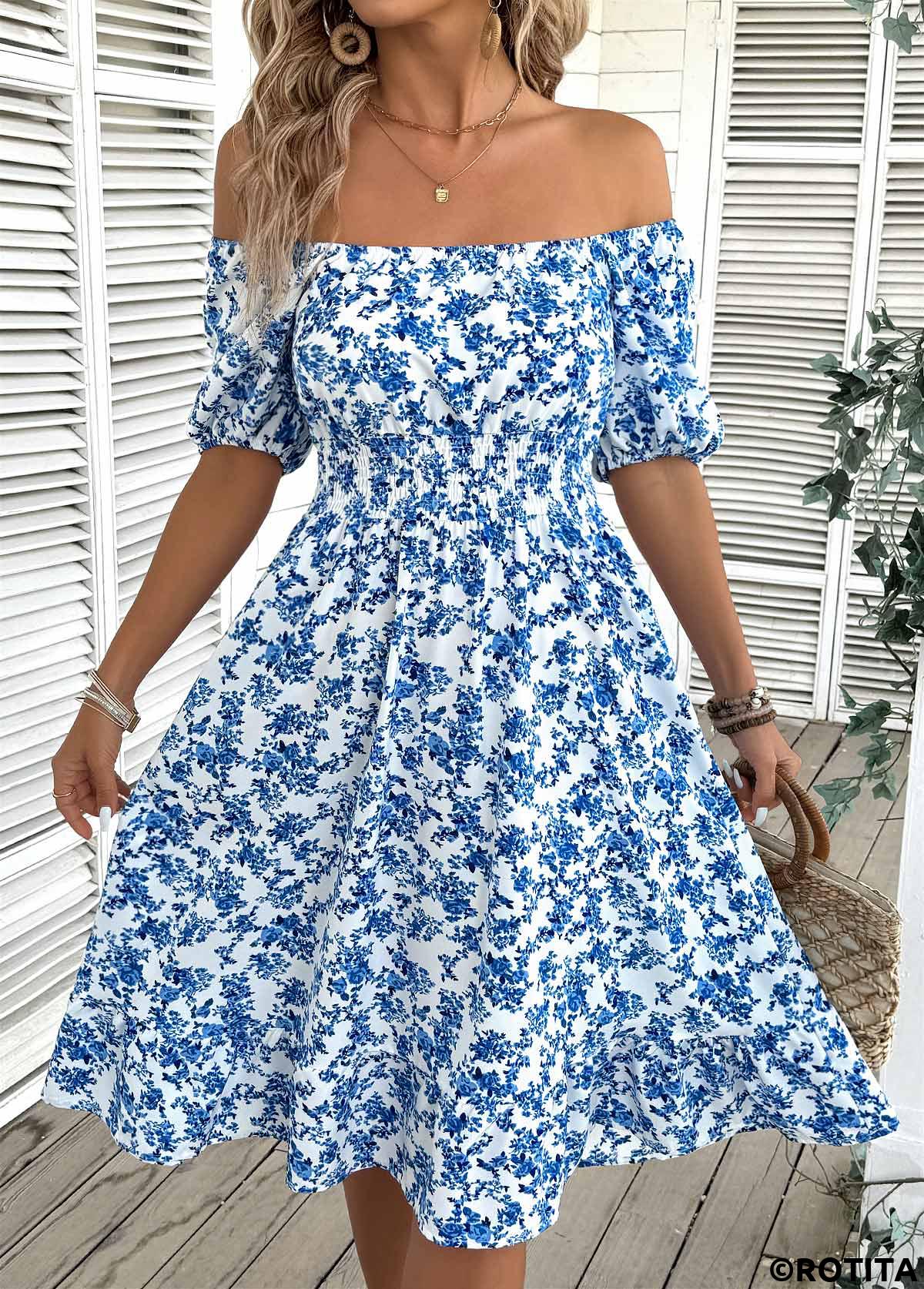 Blue dresses,Ditsy Floral dresses,Vacation dresses,Vacation dresses,ROTITA Ditsy Floral Print Blue Off Shoulder Short Sleeve Dress