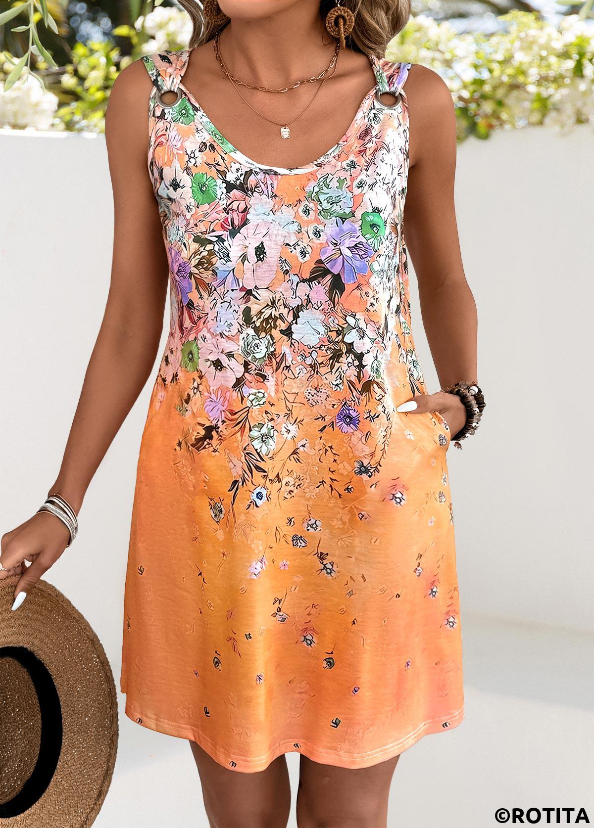 Orange dresses,Floral dresses,Plants dresses,Everyday dresses,Casual dresses,ROTITA Floral Print Orange A Line Scoop Neck Sleeveless Dress