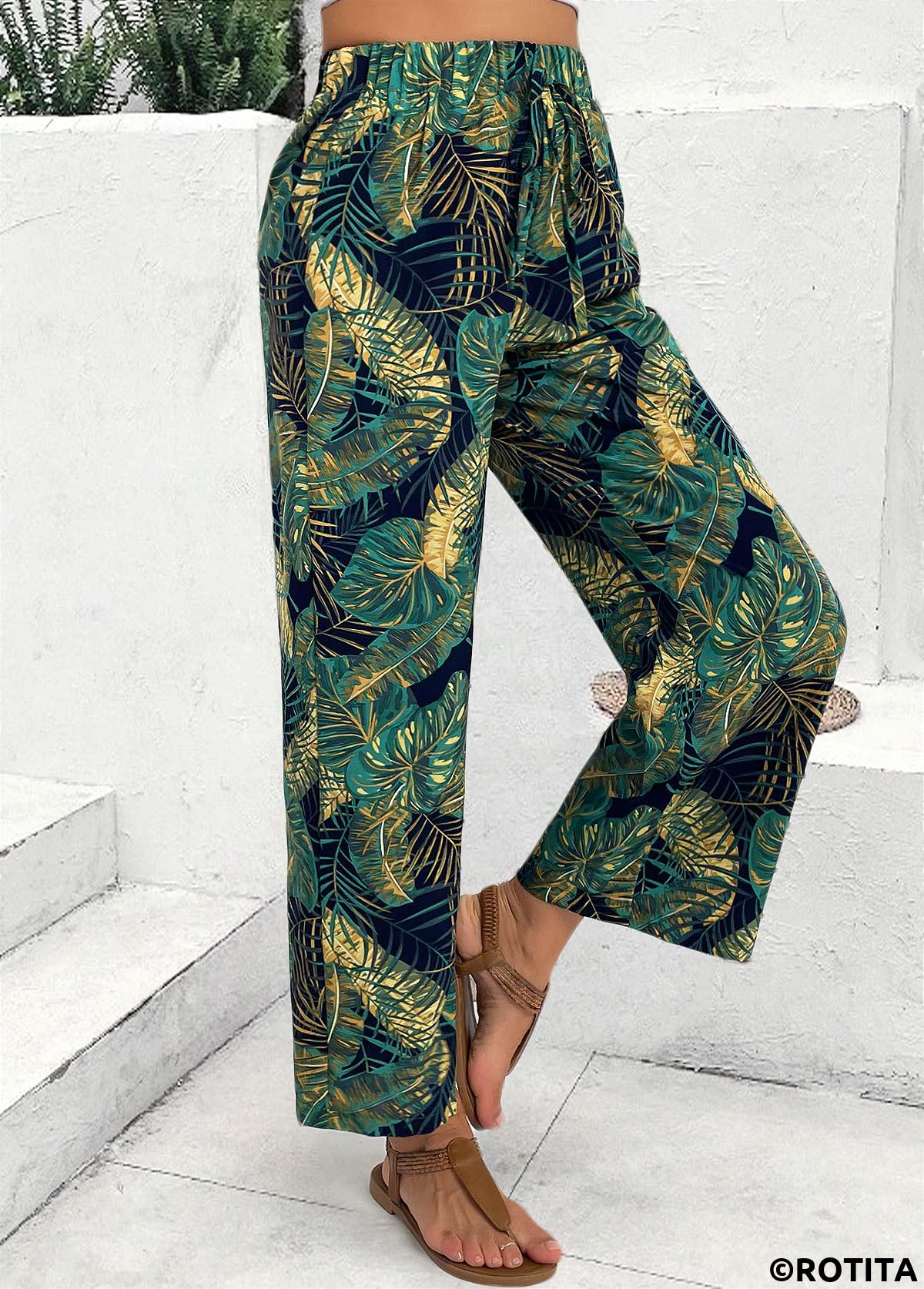 Turquoise bottoms,Plants bottoms,Plants Print Turquoise Wide Leg Elastic Waist Pants