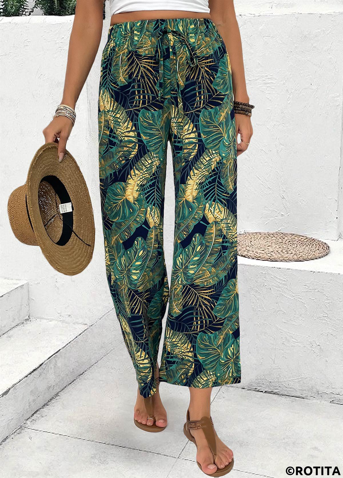 Turquoise bottoms,Plants bottoms,Plants Print Turquoise Wide Leg Elastic Waist Pants