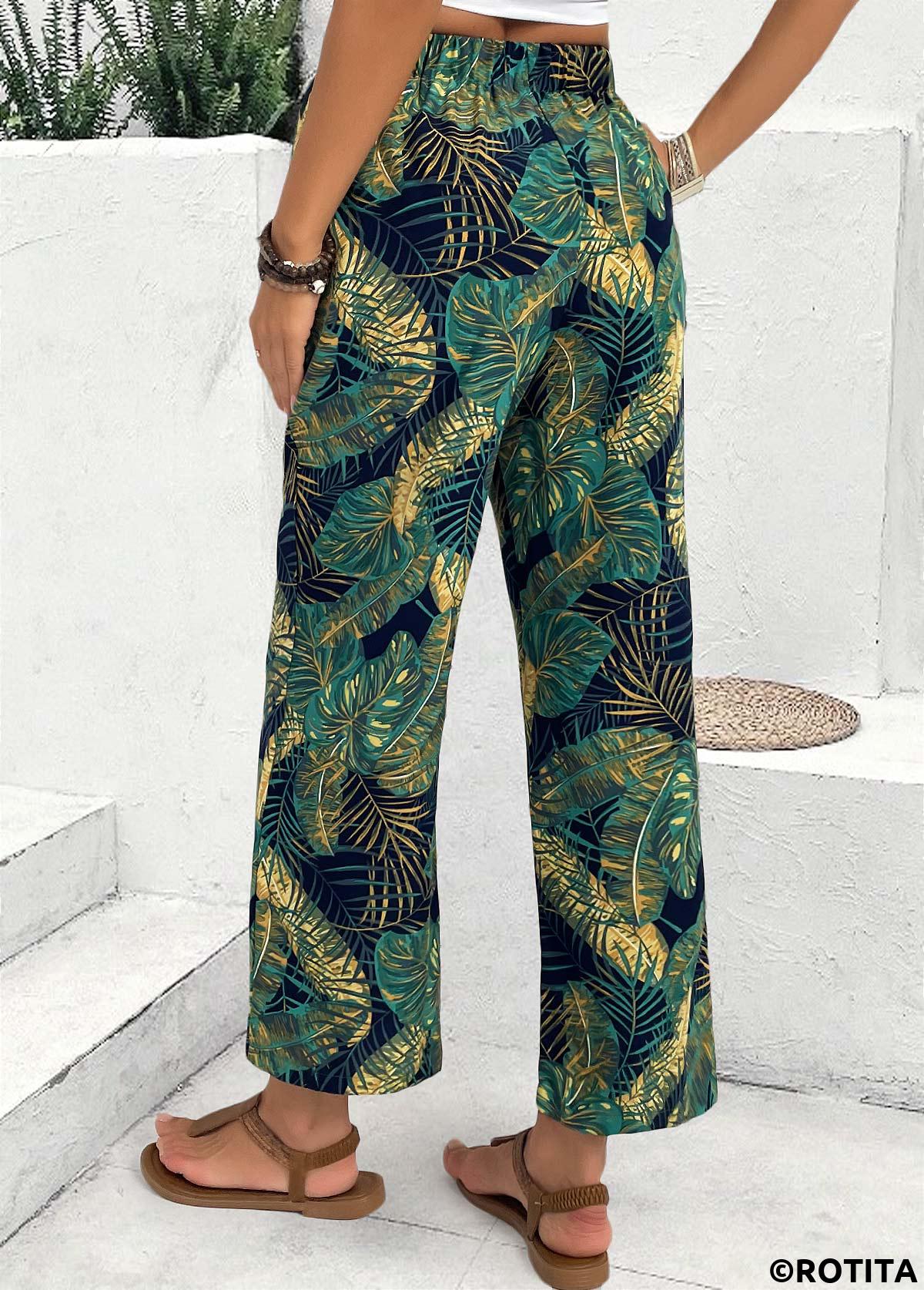 Turquoise bottoms,Plants bottoms,Plants Print Turquoise Wide Leg Elastic Waist Pants