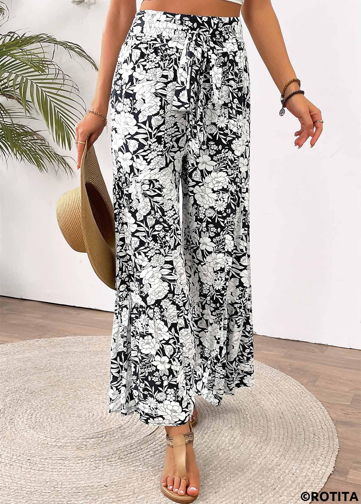 White bottoms,Floral bottoms,Plants bottoms,Floral Print White Wide Leg Elastic Waist Pants