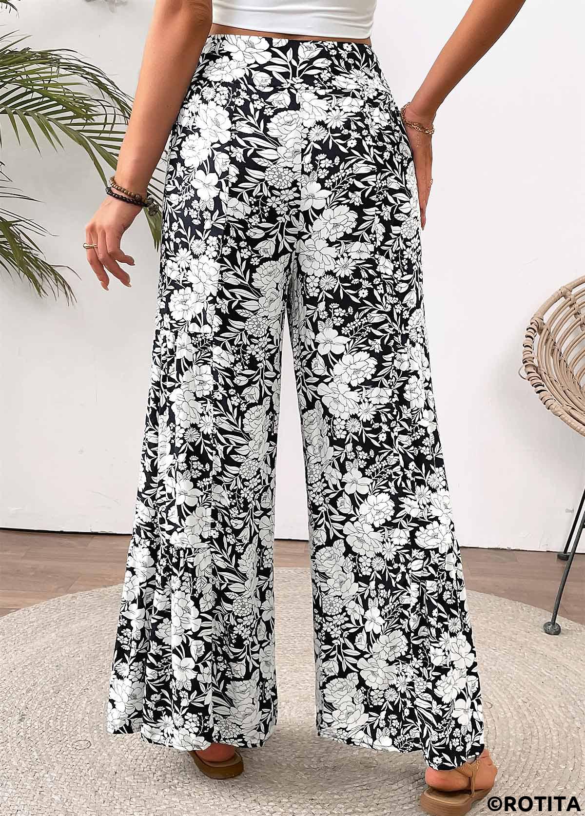 White bottoms,Floral bottoms,Plants bottoms,Floral Print White Wide Leg Elastic Waist Pants
