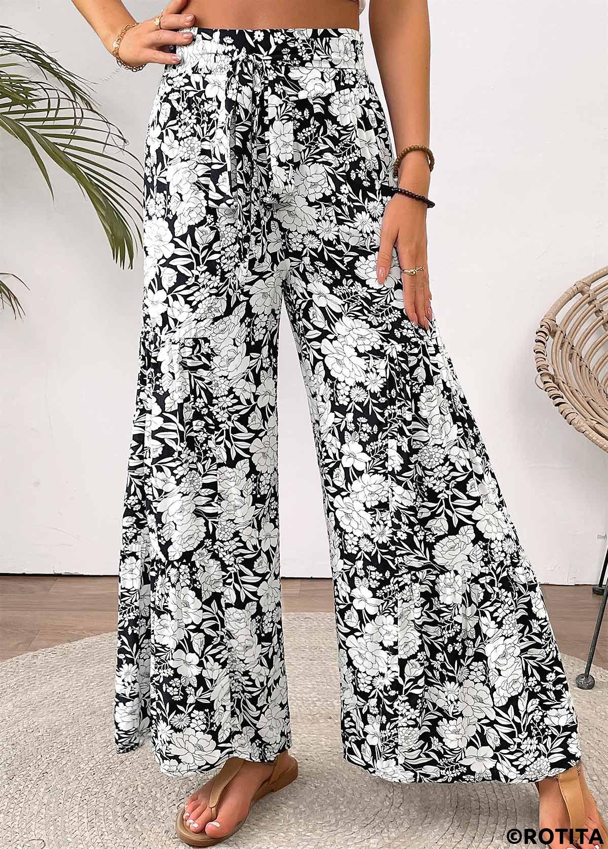 White bottoms,Floral bottoms,Plants bottoms,Floral Print White Wide Leg Elastic Waist Pants