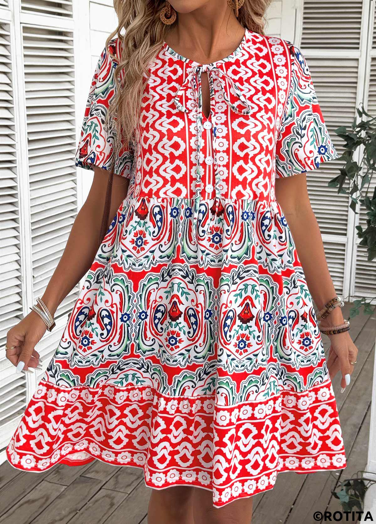 Multi Color dresses,Tribal dresses,Vacation dresses,Vacation dresses,ROTITA Tribal Print Multi Color A Line Round Neck Dress