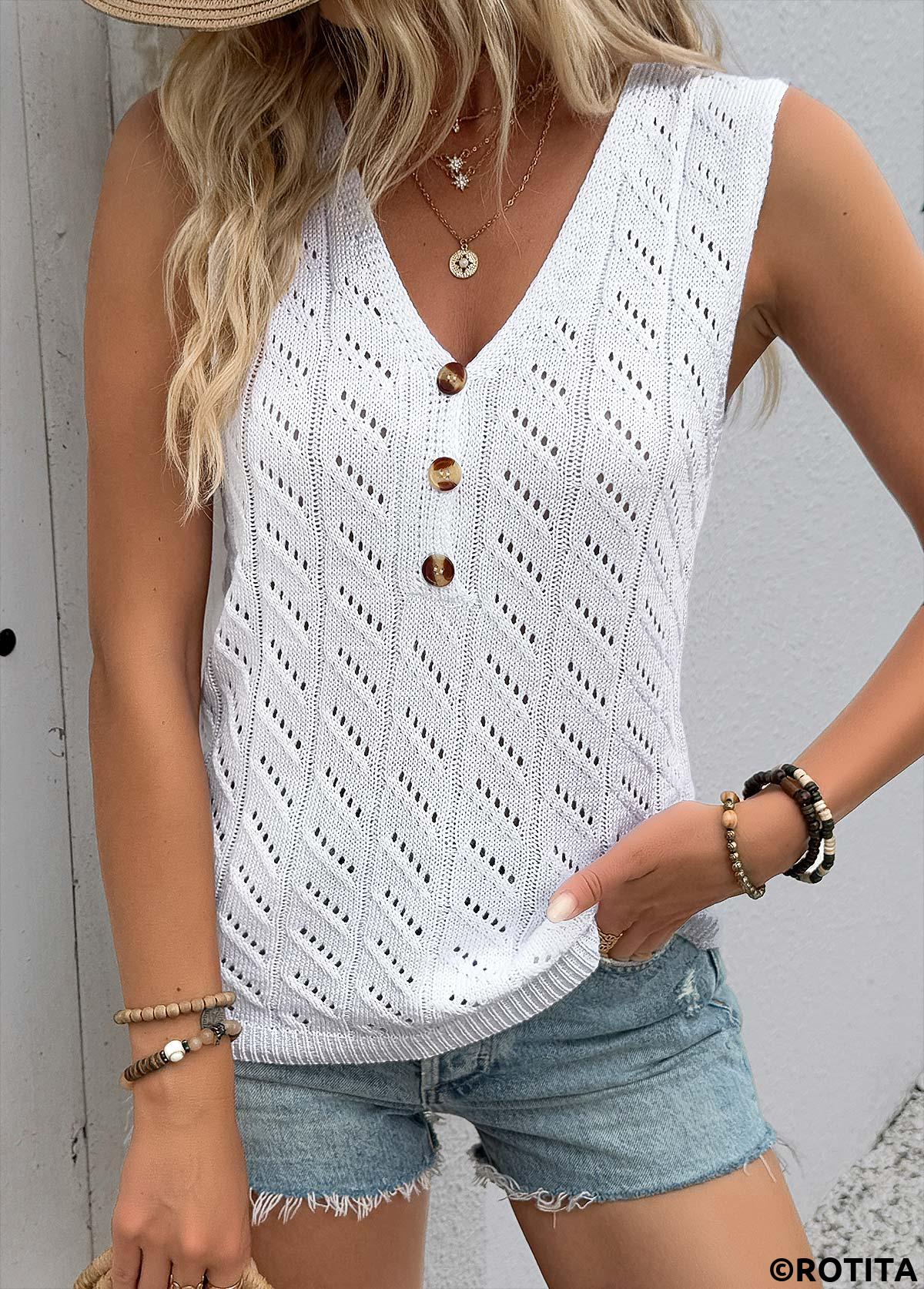 White tops,Plain Color tops,White V Neck Sleeveless Tank Top