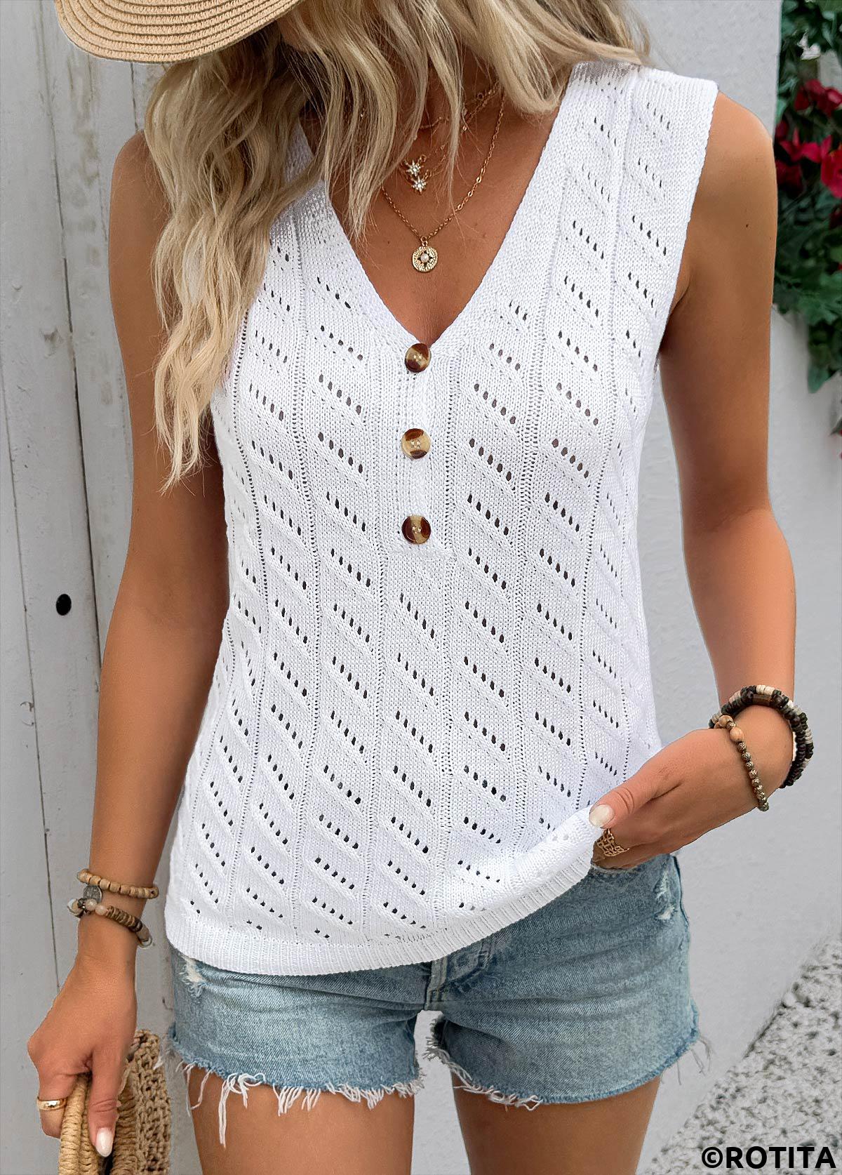 White tops,Plain Color tops,White V Neck Sleeveless Tank Top