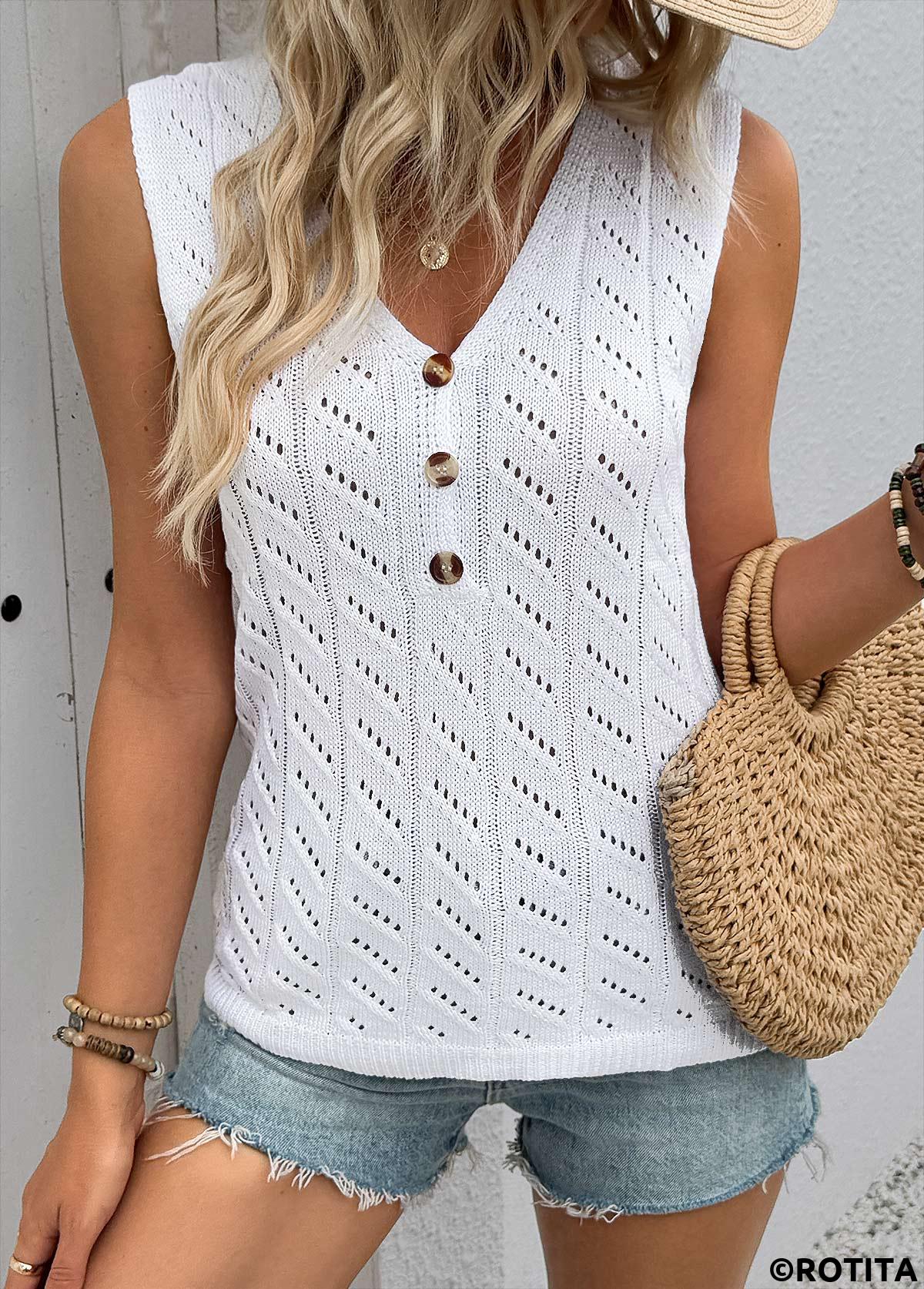 White tops,Plain Color tops,White V Neck Sleeveless Tank Top