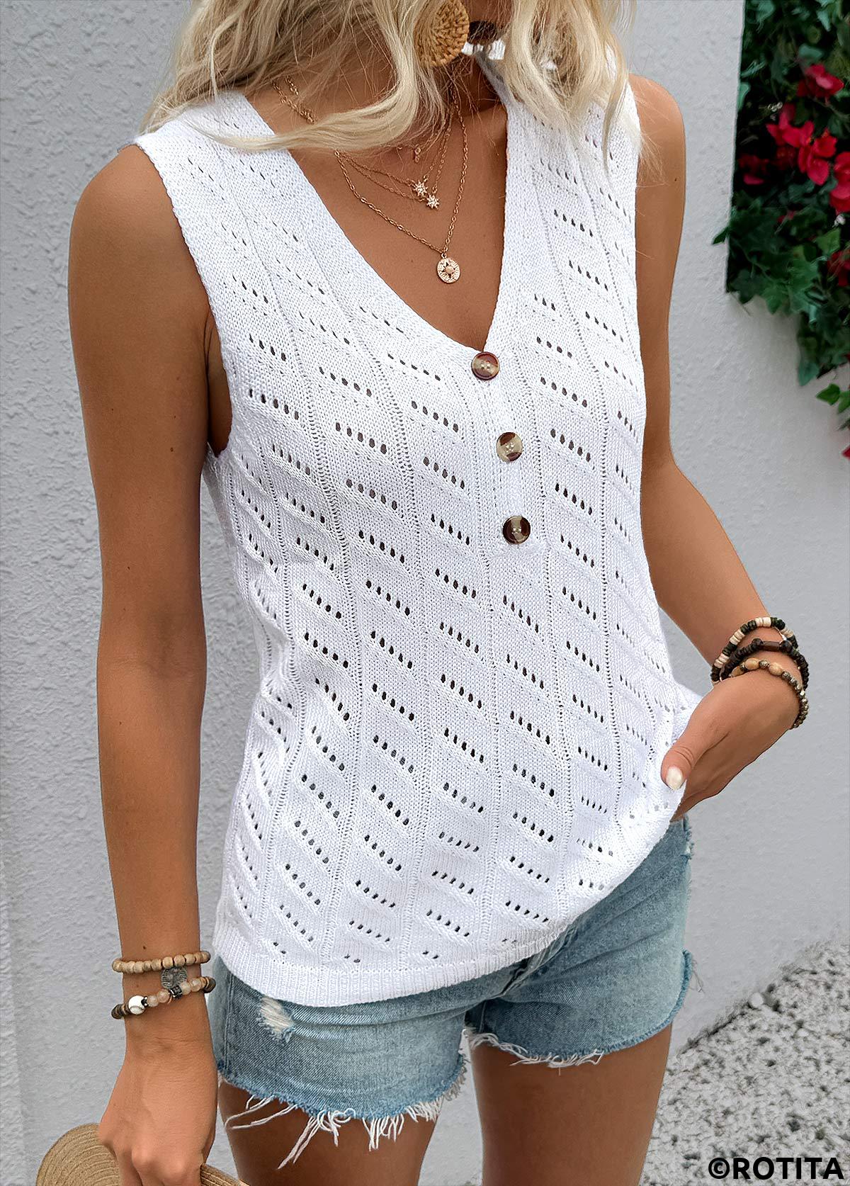 White tops,Plain Color tops,White V Neck Sleeveless Tank Top