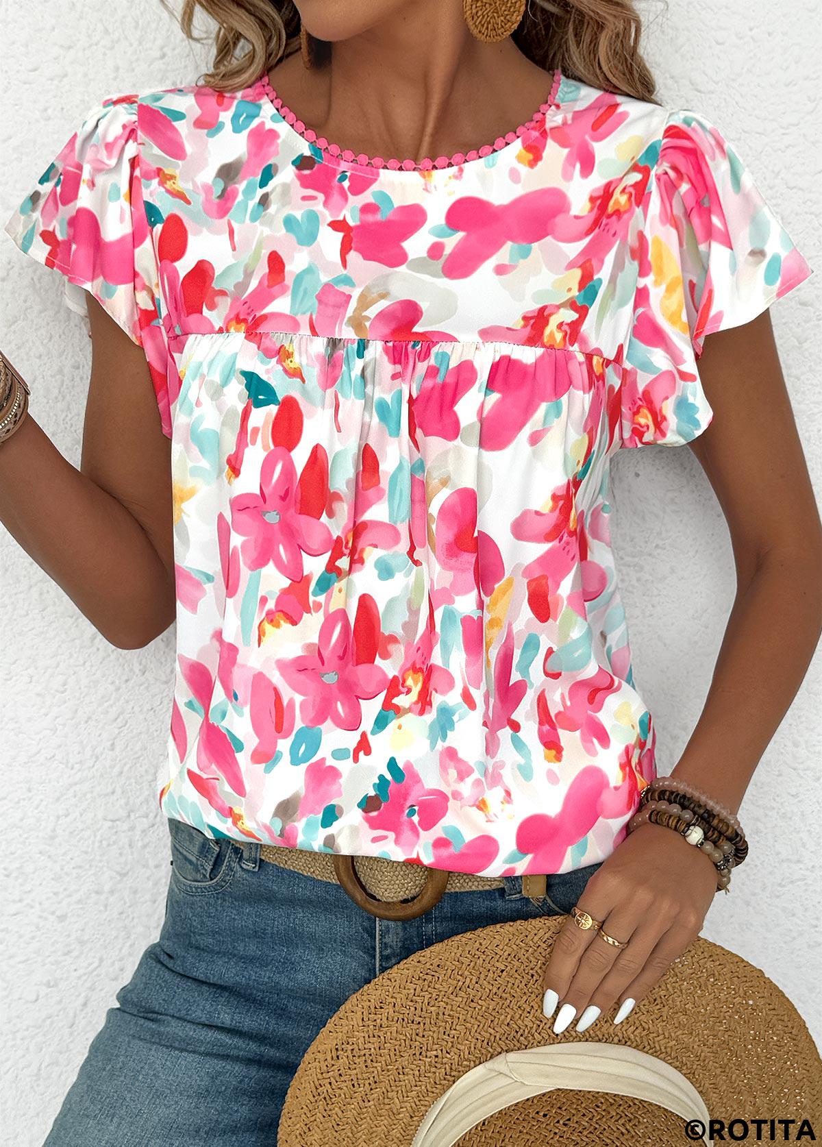 Hot Pink tops,Floral tops,Plants tops,ROTITA Floral Print Hot Pink Round Neck Short Sleeve Blouse