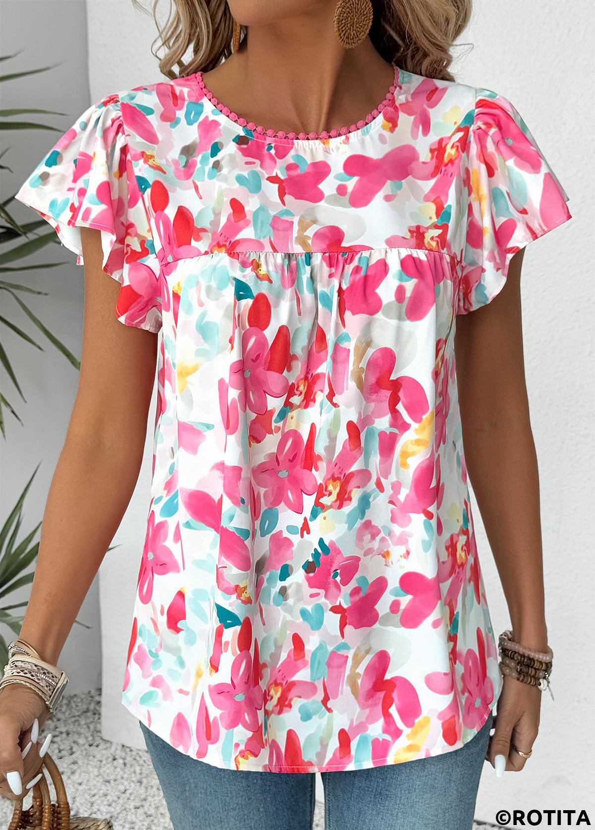 Hot Pink tops,Floral tops,Plants tops,ROTITA Floral Print Hot Pink Round Neck Short Sleeve Blouse