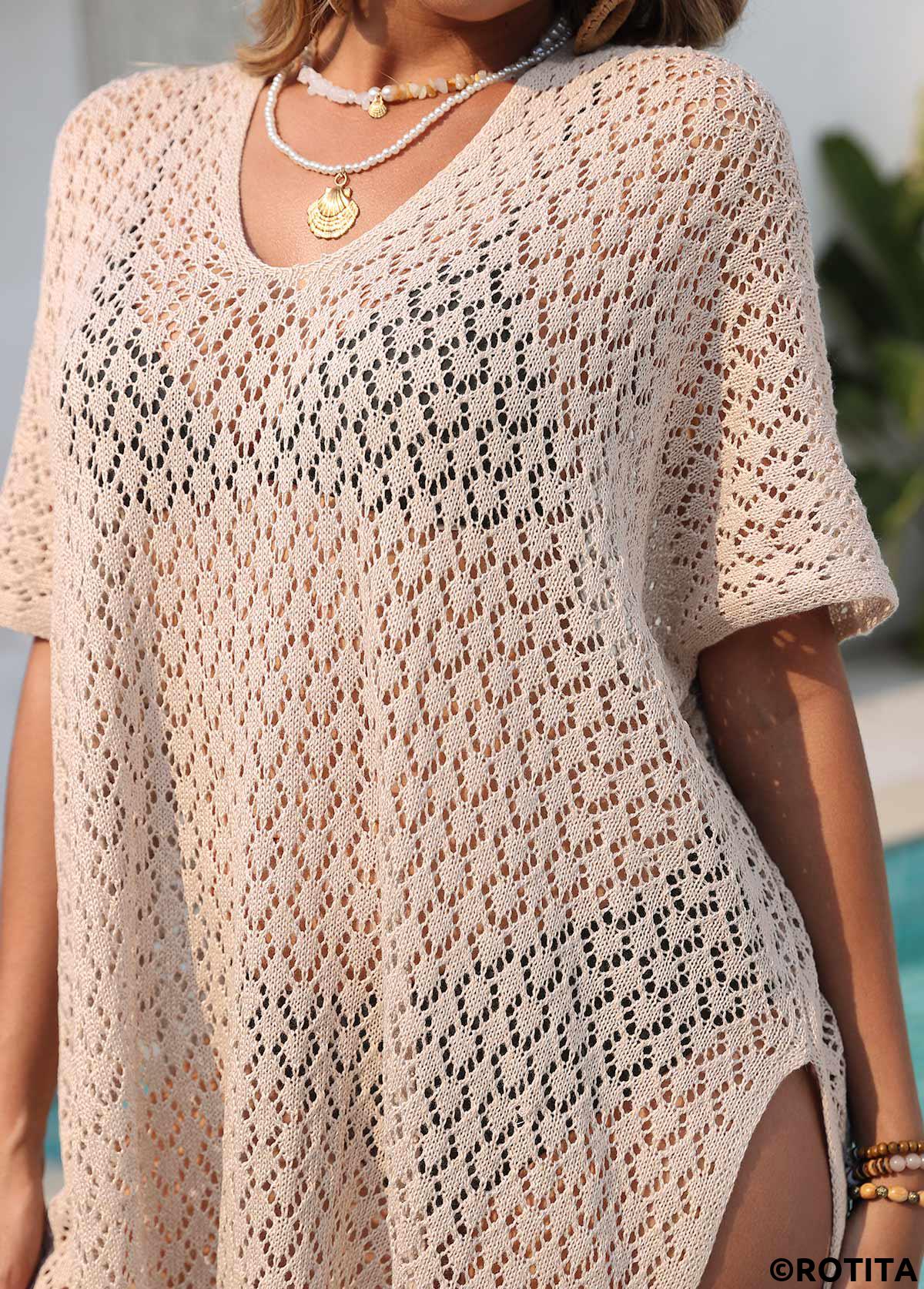 Light Coffee swimwear,Plain Color swimwear,Light Coffee Half Sleeve Split Cover Up