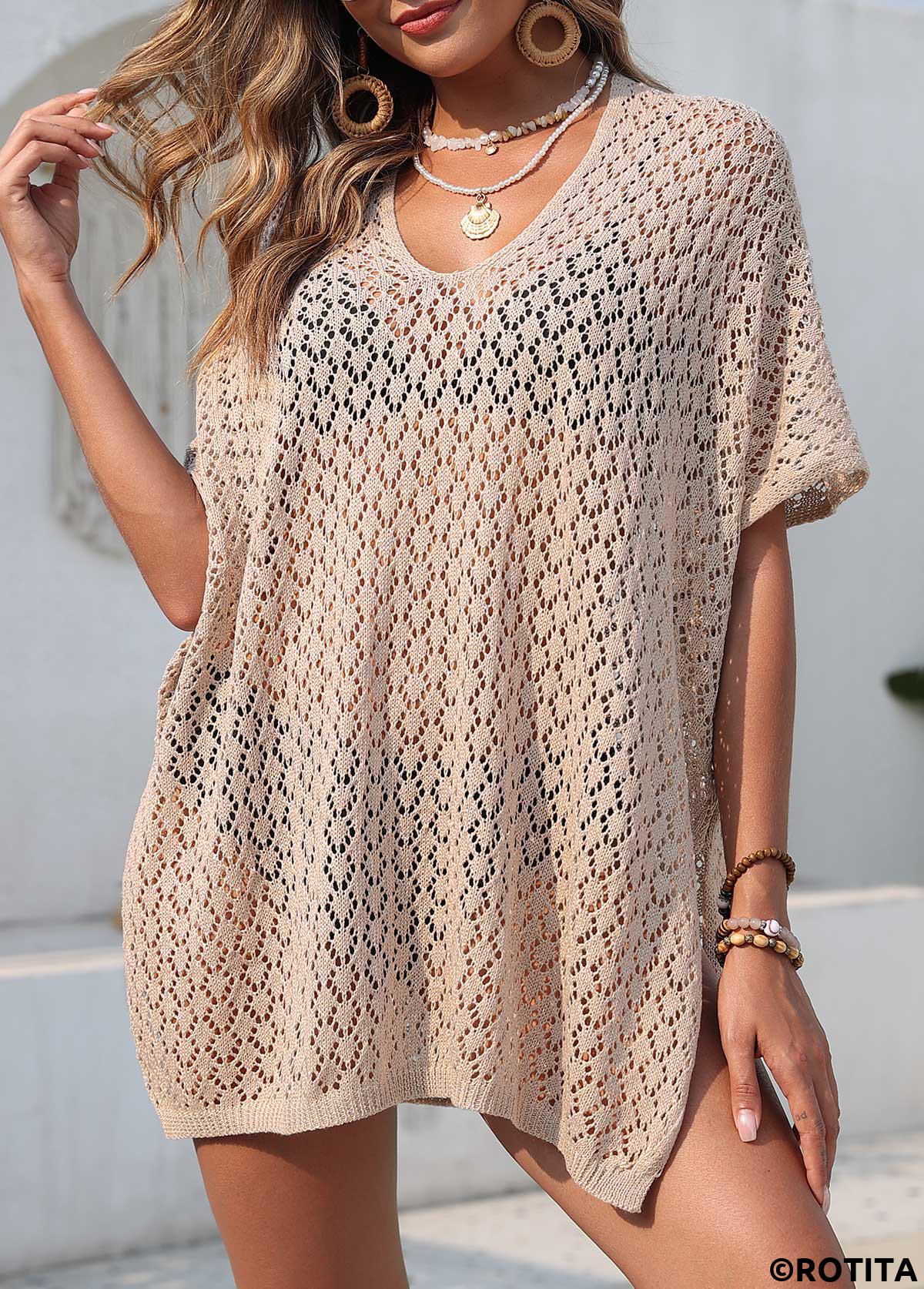 Light Coffee swimwear,Plain Color swimwear,Light Coffee Half Sleeve Split Cover Up