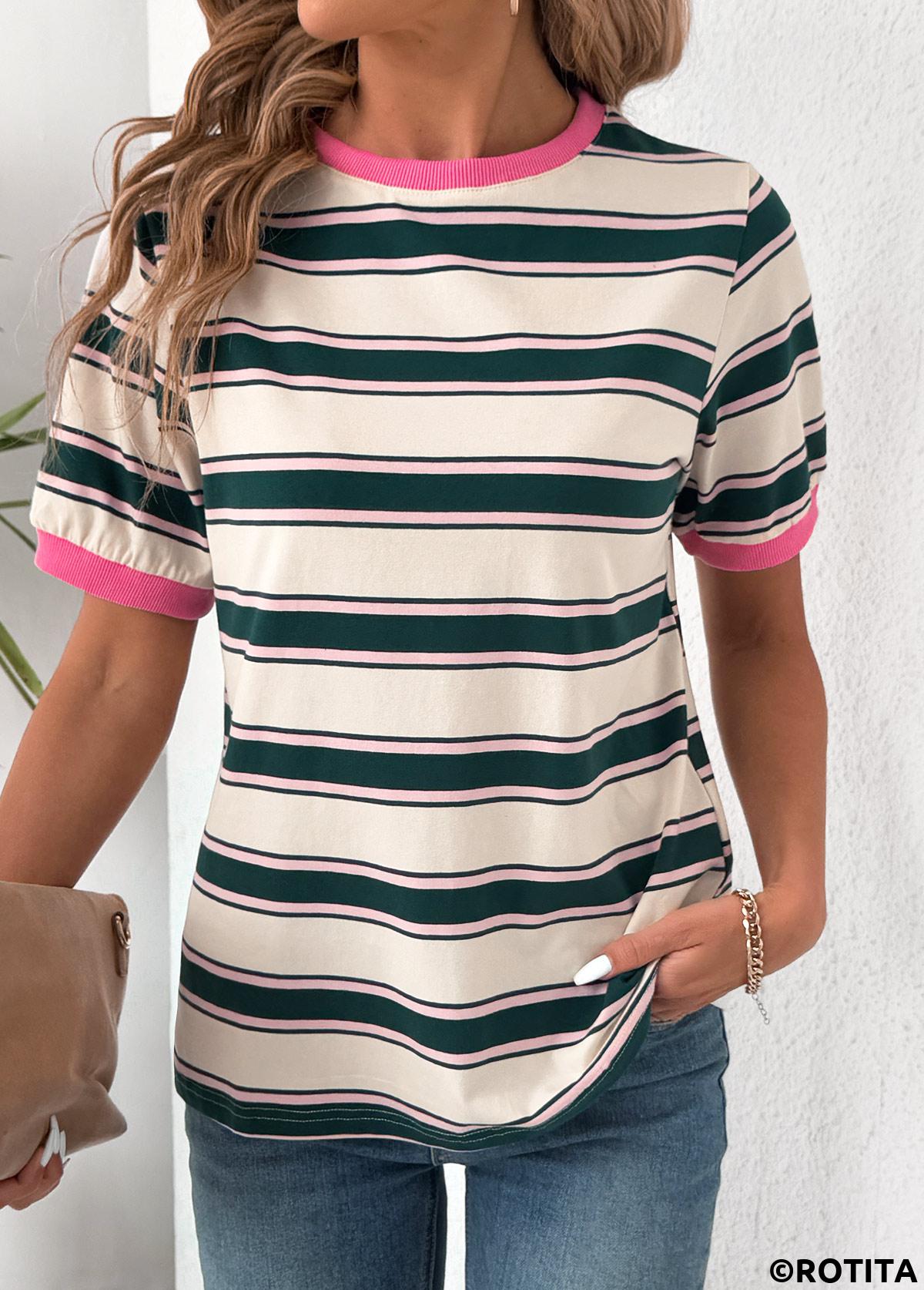 Multi Color tops,Striped tops,Geometric tops,ROTITA Multi Stripe Print Round Neck Short Sleeve T Shirt