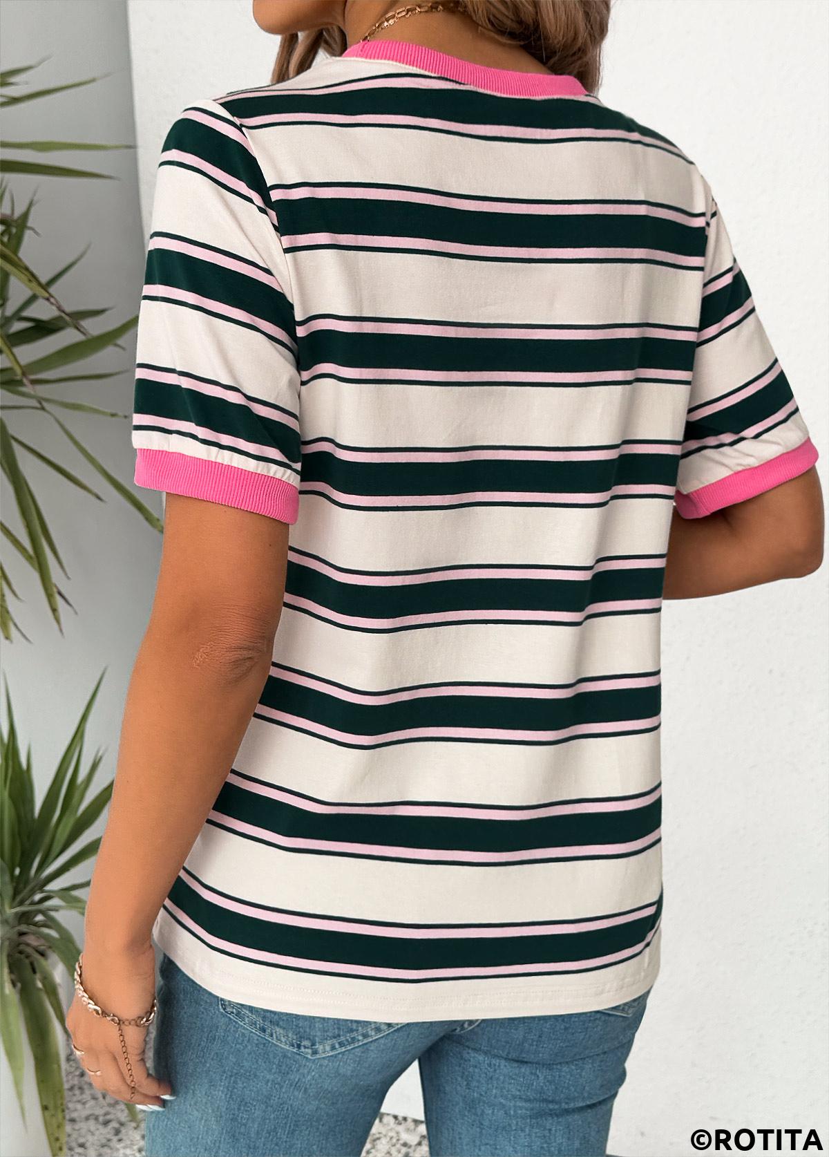 Multi Color tops,Striped tops,Geometric tops,ROTITA Multi Stripe Print Round Neck Short Sleeve T Shirt
