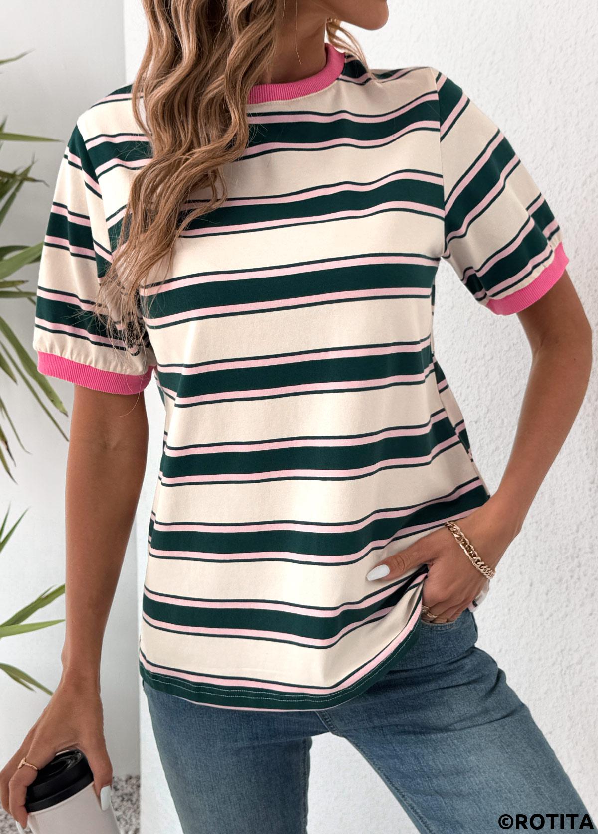 Multi Color tops,Striped tops,Geometric tops,ROTITA Multi Stripe Print Round Neck Short Sleeve T Shirt