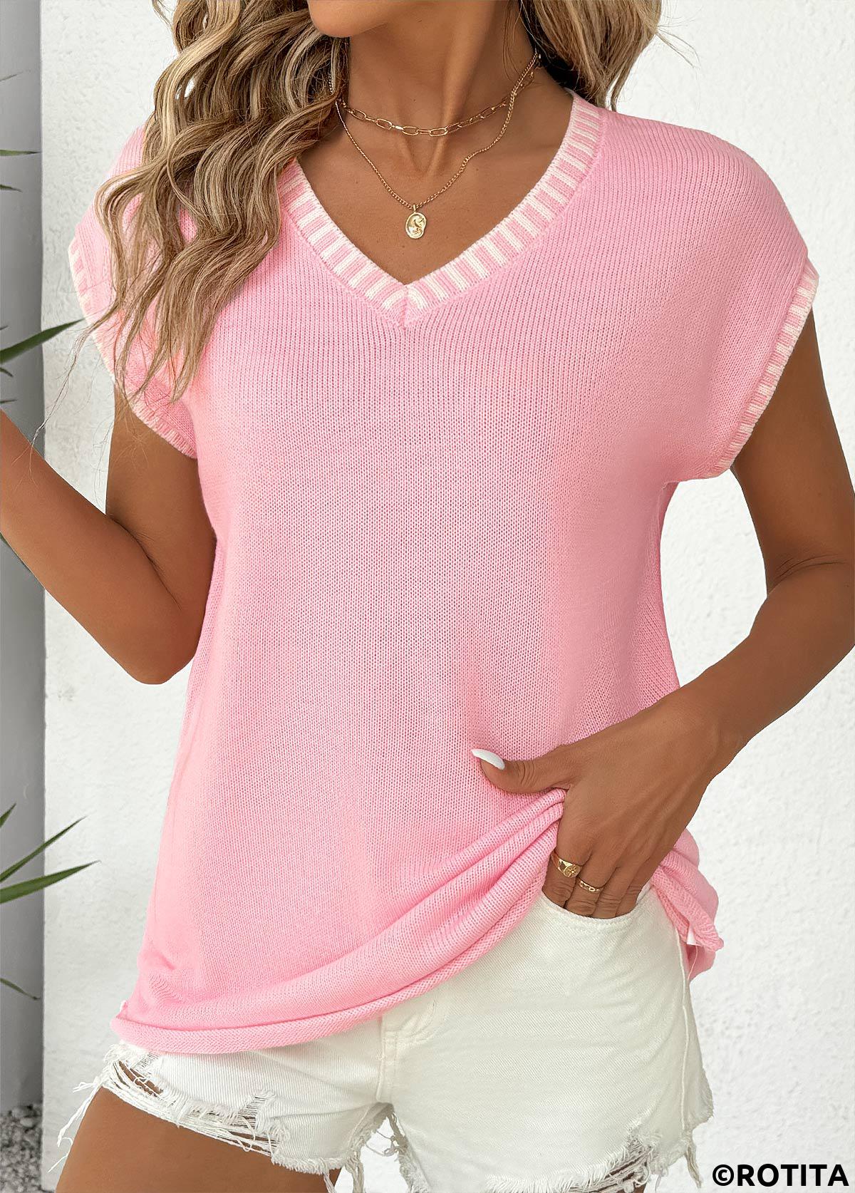 Pink tops,Plain Color tops,Pink V Neck Short Sleeve T Shirt