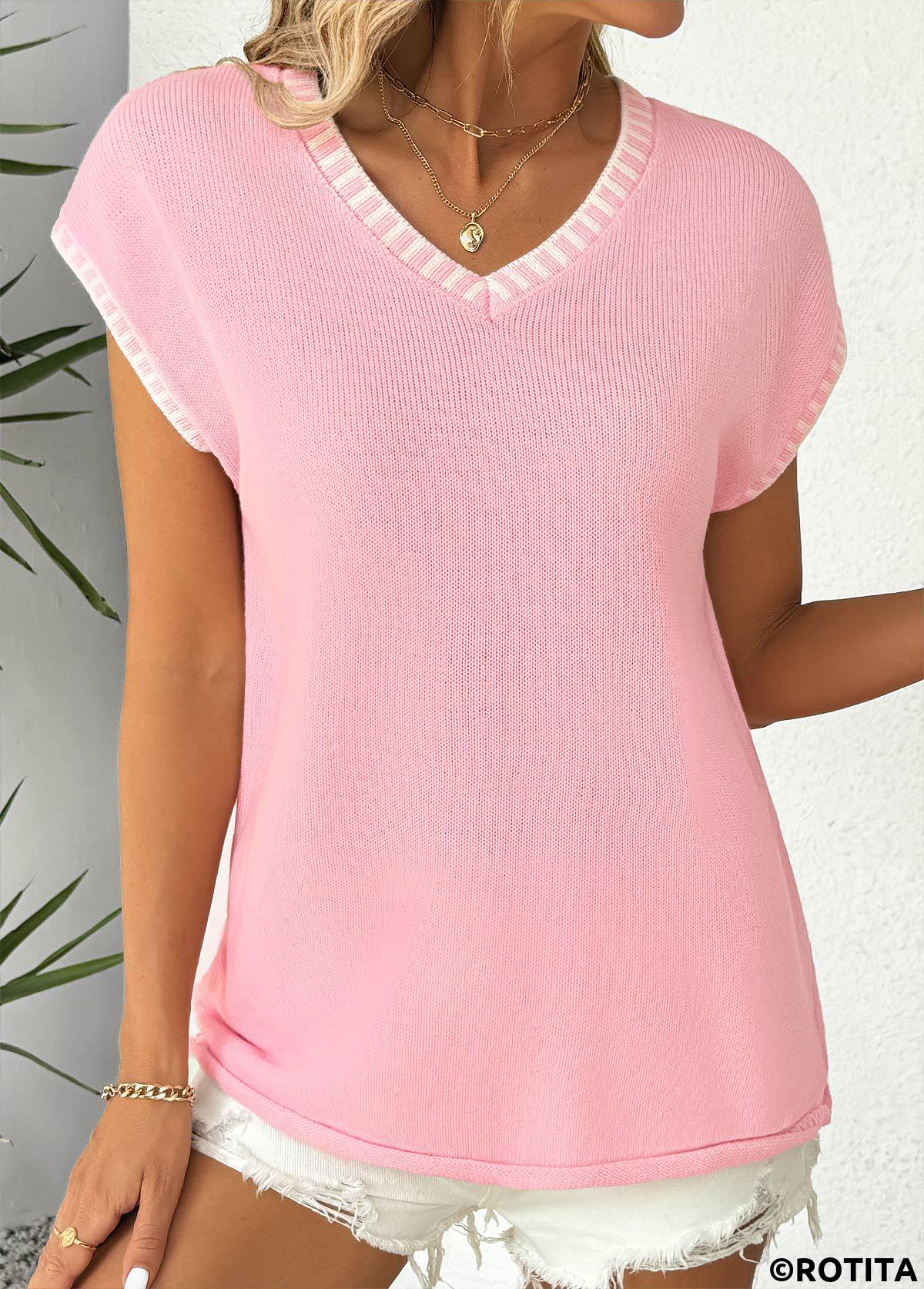 Pink tops,Plain Color tops,Pink V Neck Short Sleeve T Shirt