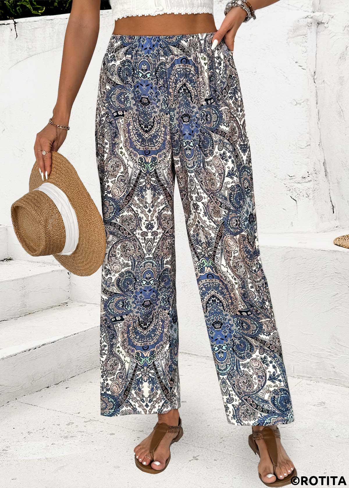 Multi Color bottoms,Tribal bottoms,Tribal Print Multi Color Straight Leg Elastic Waist Pants