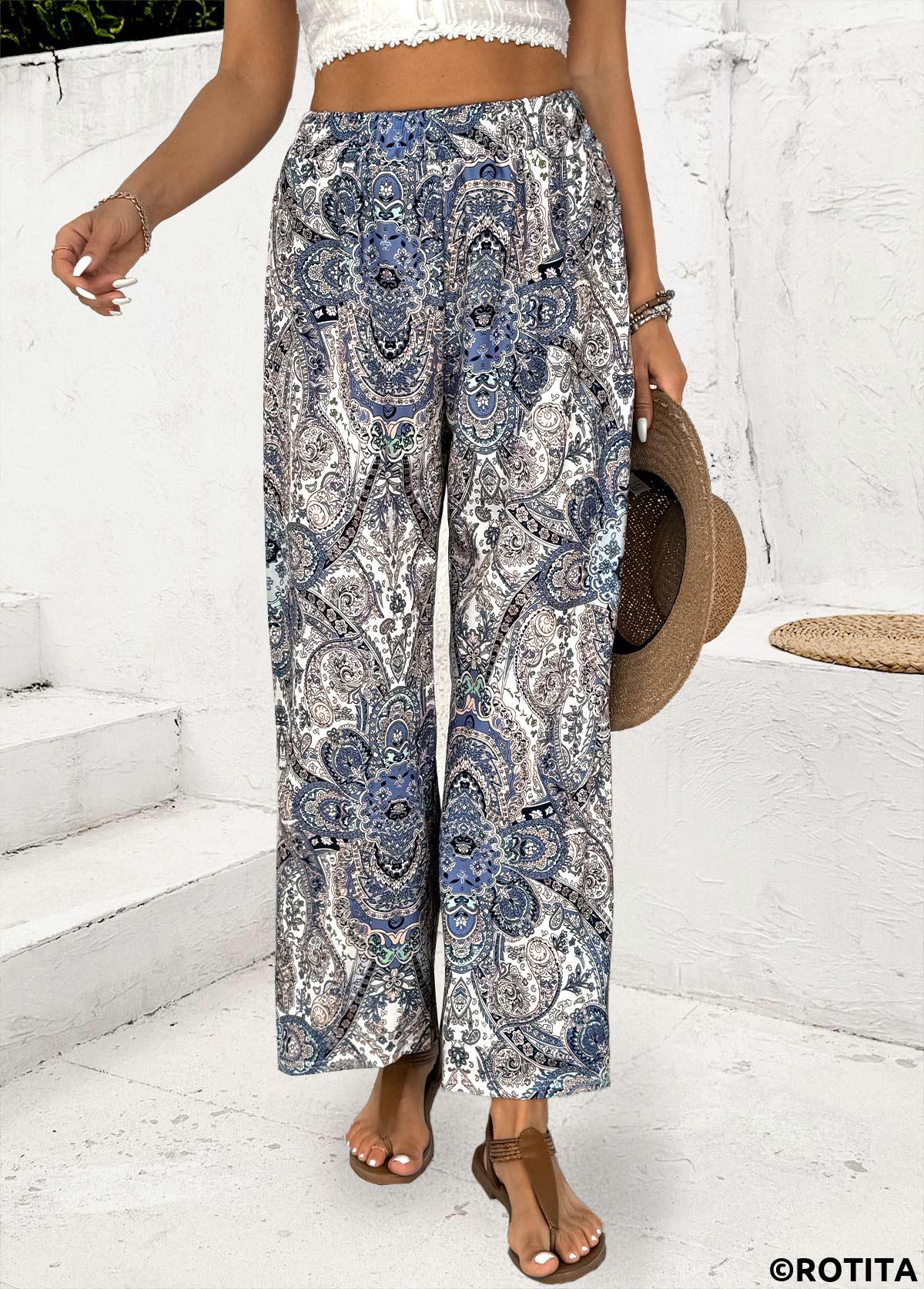 Multi Color bottoms,Tribal bottoms,Tribal Print Multi Color Straight Leg Elastic Waist Pants