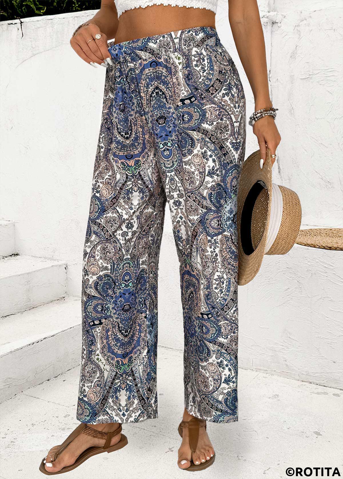 Multi Color bottoms,Tribal bottoms,Tribal Print Multi Color Straight Leg Elastic Waist Pants