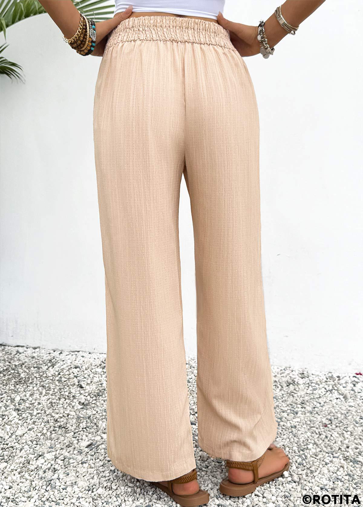 Light Coffee bottoms,Plain Color bottoms,Light Coffee Wide Leg Elastic Waist High Waisted Pants