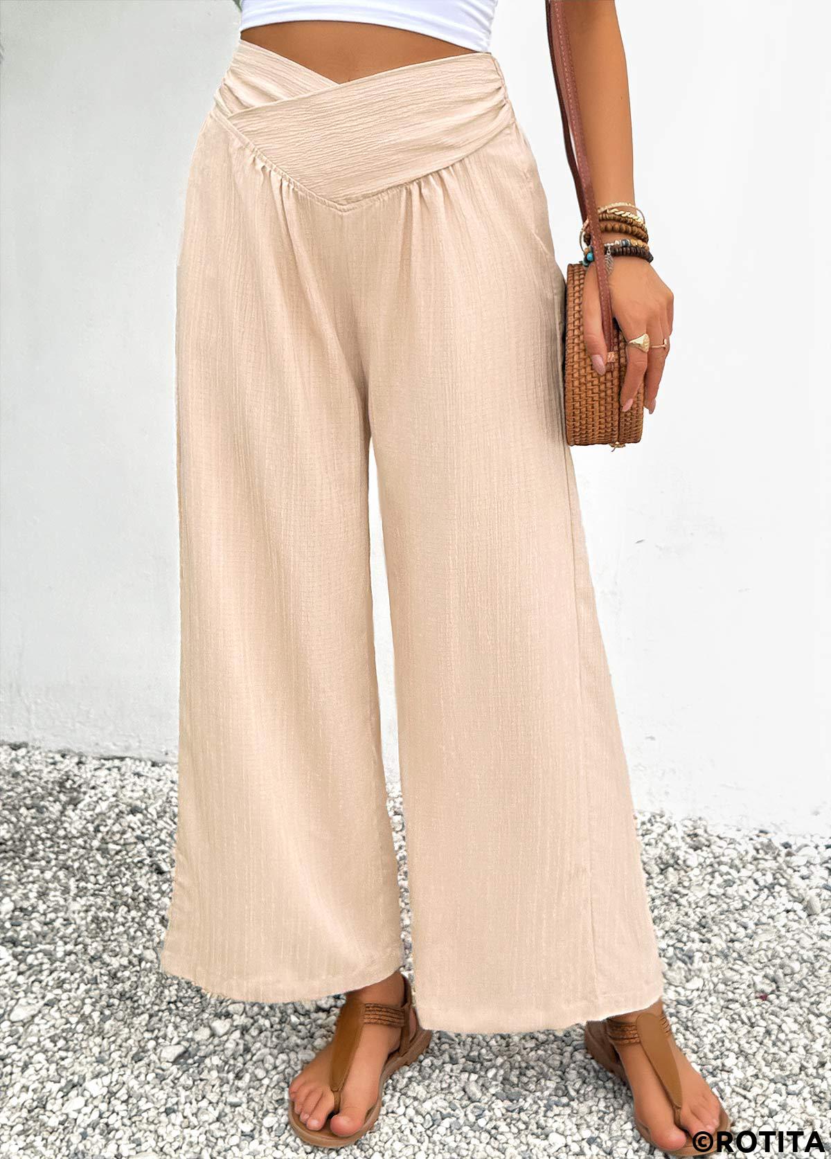 Light Coffee bottoms,Plain Color bottoms,Light Coffee Wide Leg Elastic Waist High Waisted Pants