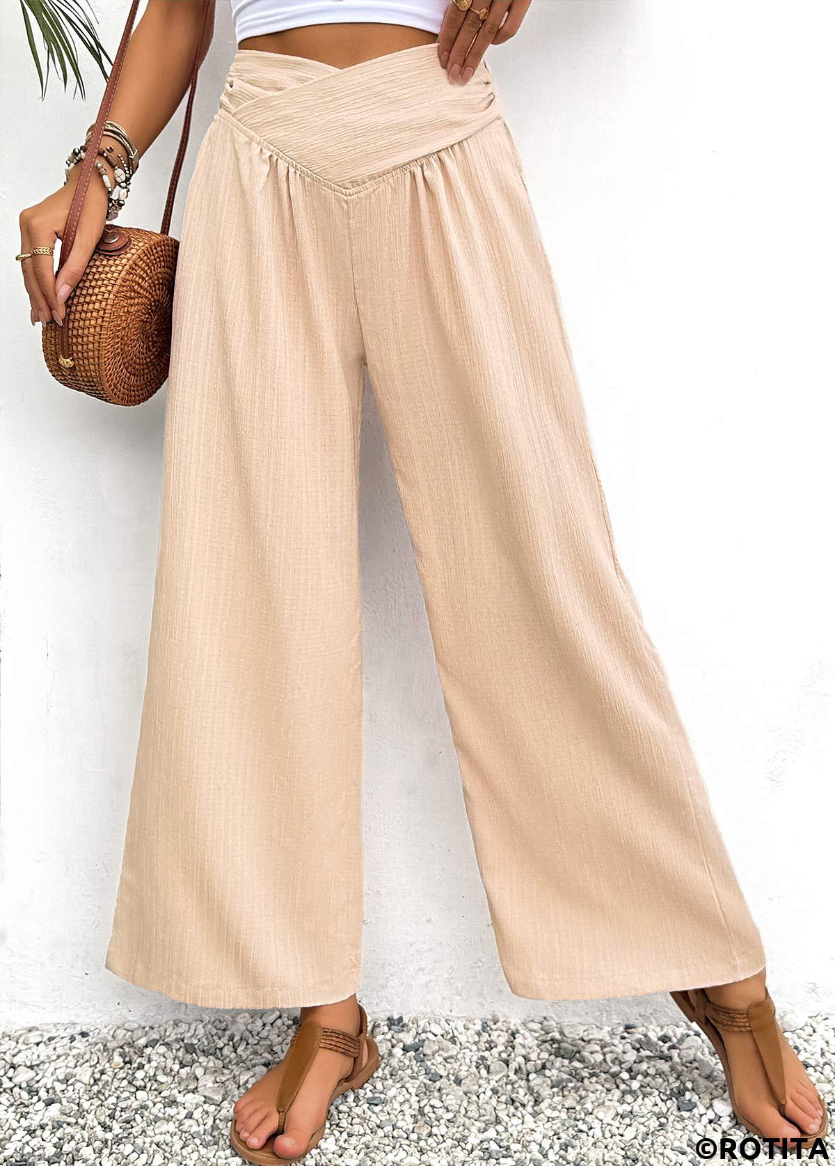 Light Coffee bottoms,Plain Color bottoms,Light Coffee Wide Leg Elastic Waist High Waisted Pants