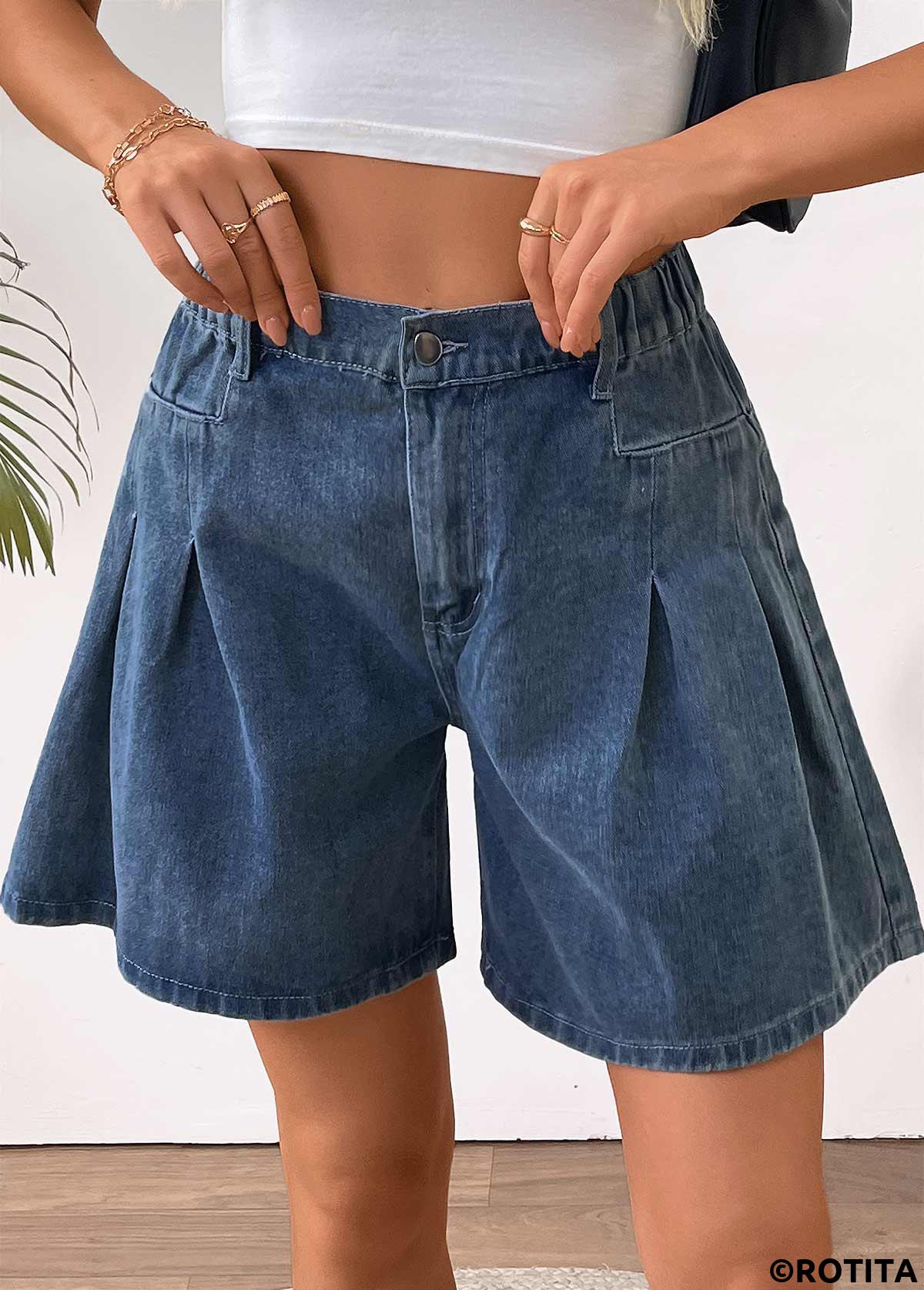 Denim Blue bottoms,Plain Color bottoms,Denim Blue Wide Leg Button Fly High Waisted Shorts