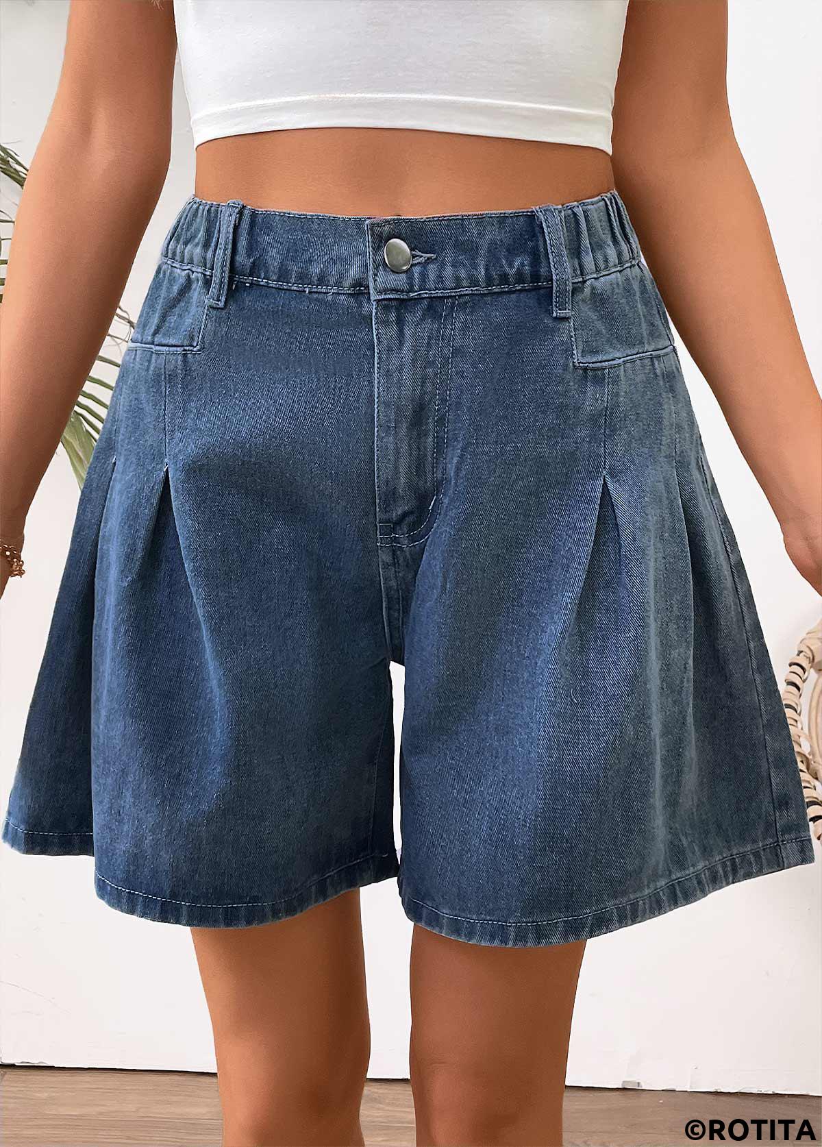 Denim Blue bottoms,Plain Color bottoms,Denim Blue Wide Leg Button Fly High Waisted Shorts