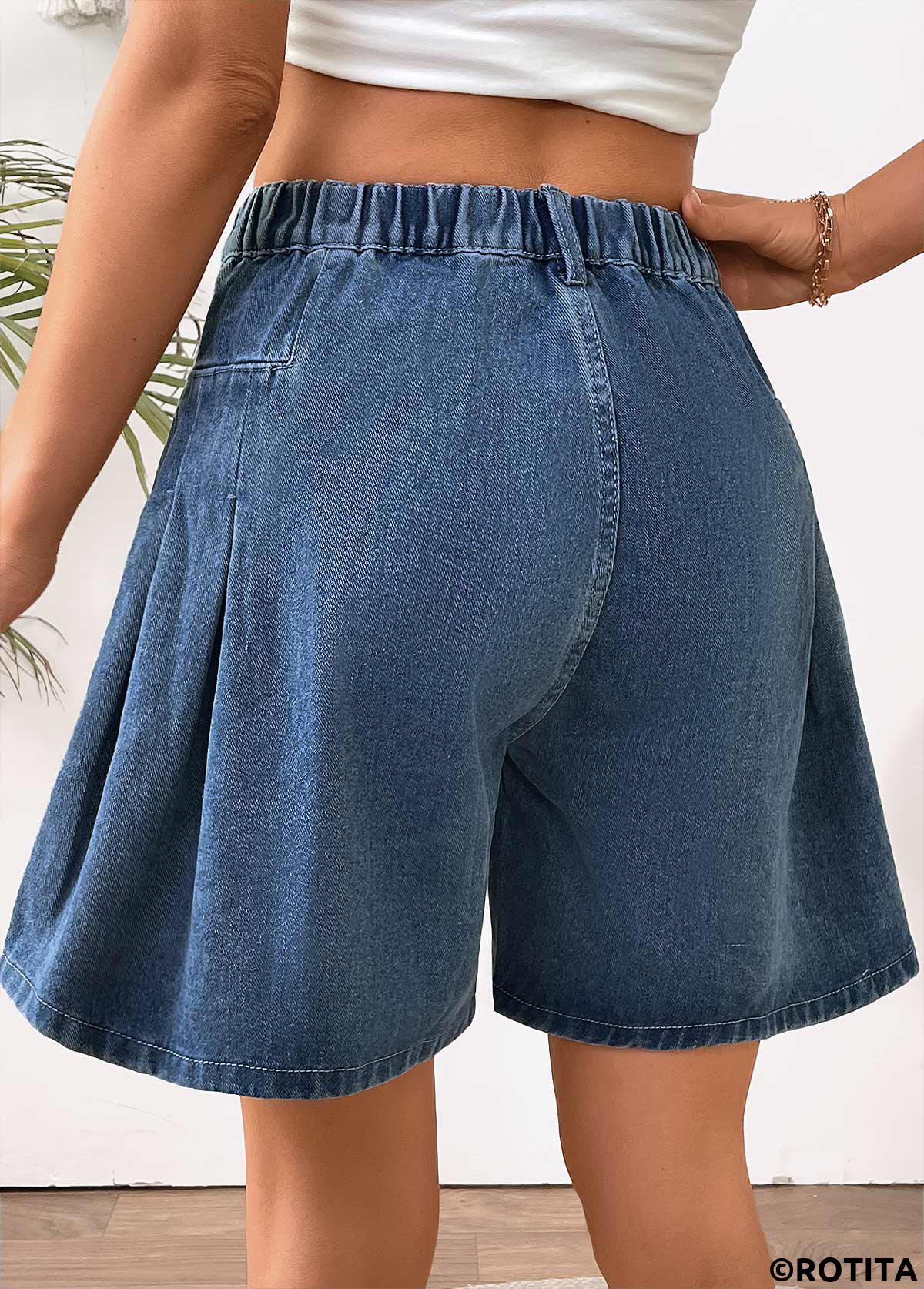 Denim Blue bottoms,Plain Color bottoms,Denim Blue Wide Leg Button Fly High Waisted Shorts