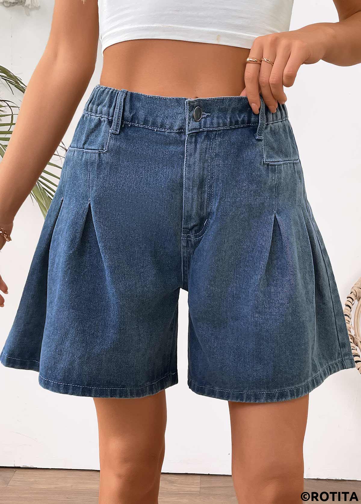 Denim Blue bottoms,Plain Color bottoms,Denim Blue Wide Leg Button Fly High Waisted Shorts