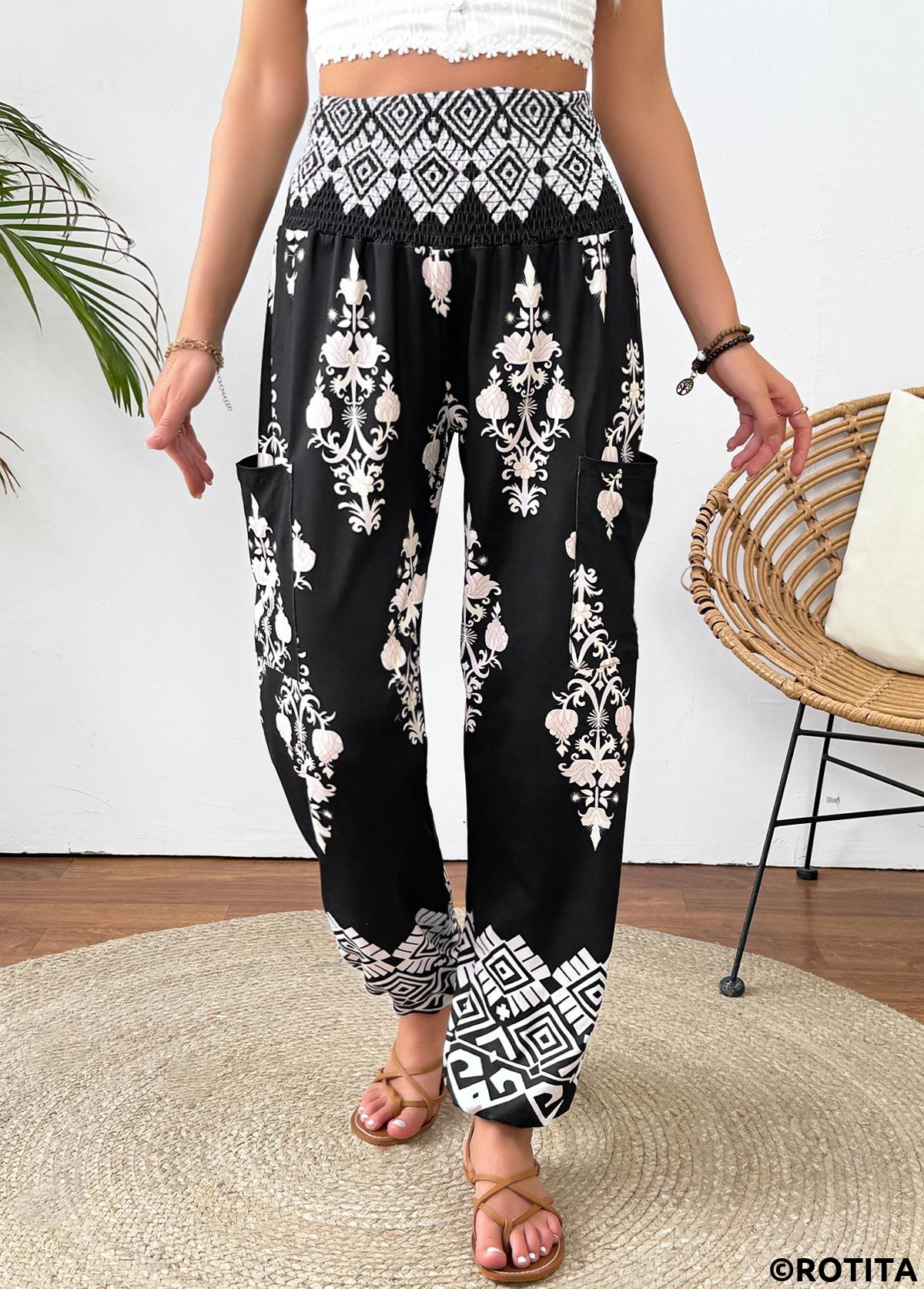 Black bottoms,Tribal bottoms,Tribal Print Black Jogger Elastic Waist High Waisted Pants