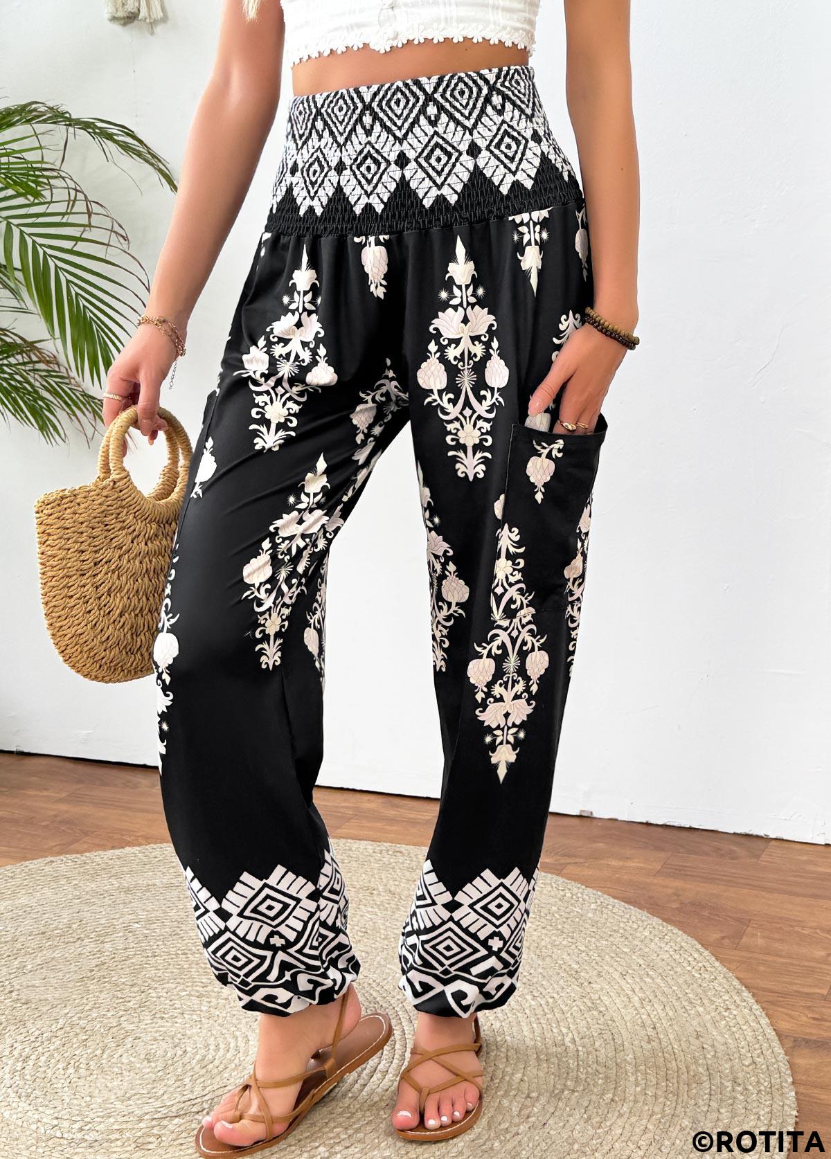 Black bottoms,Tribal bottoms,Tribal Print Black Jogger Elastic Waist High Waisted Pants