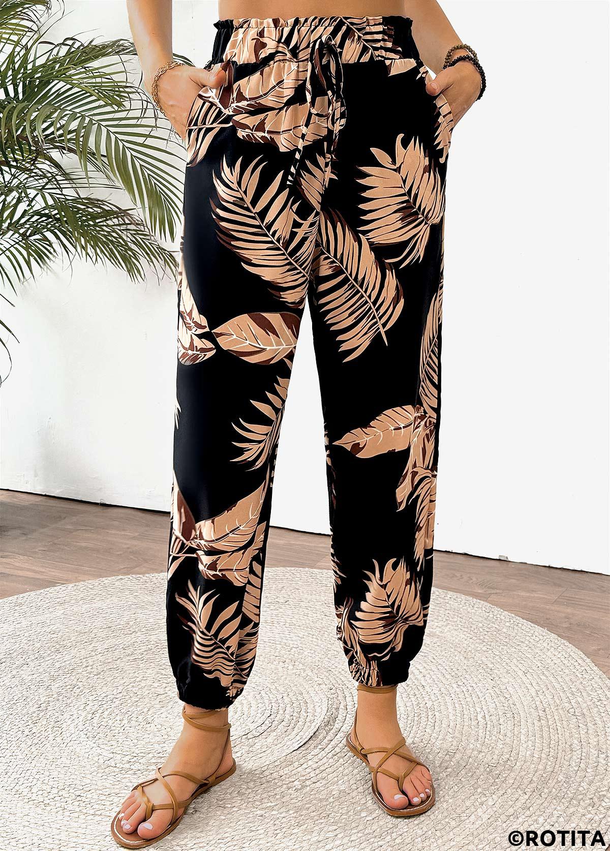 Multi Color bottoms,Plants bottoms,Tropical Plants Print Multi Color Jogger Elastic Waist Pants
