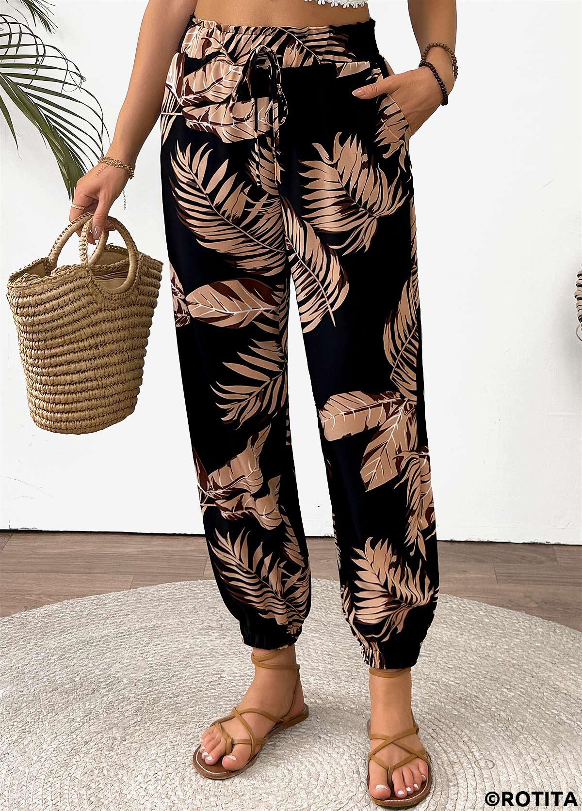 Multi Color bottoms,Plants bottoms,Tropical Plants Print Multi Color Jogger Elastic Waist Pants