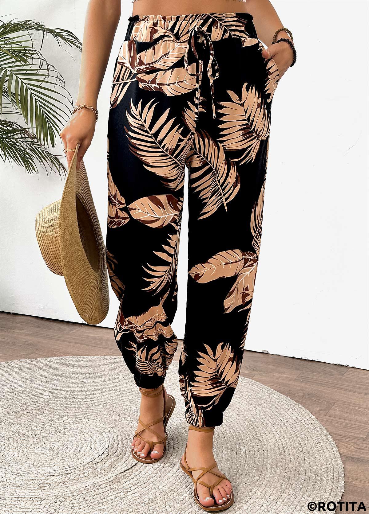 Multi Color bottoms,Plants bottoms,Tropical Plants Print Multi Color Jogger Elastic Waist Pants