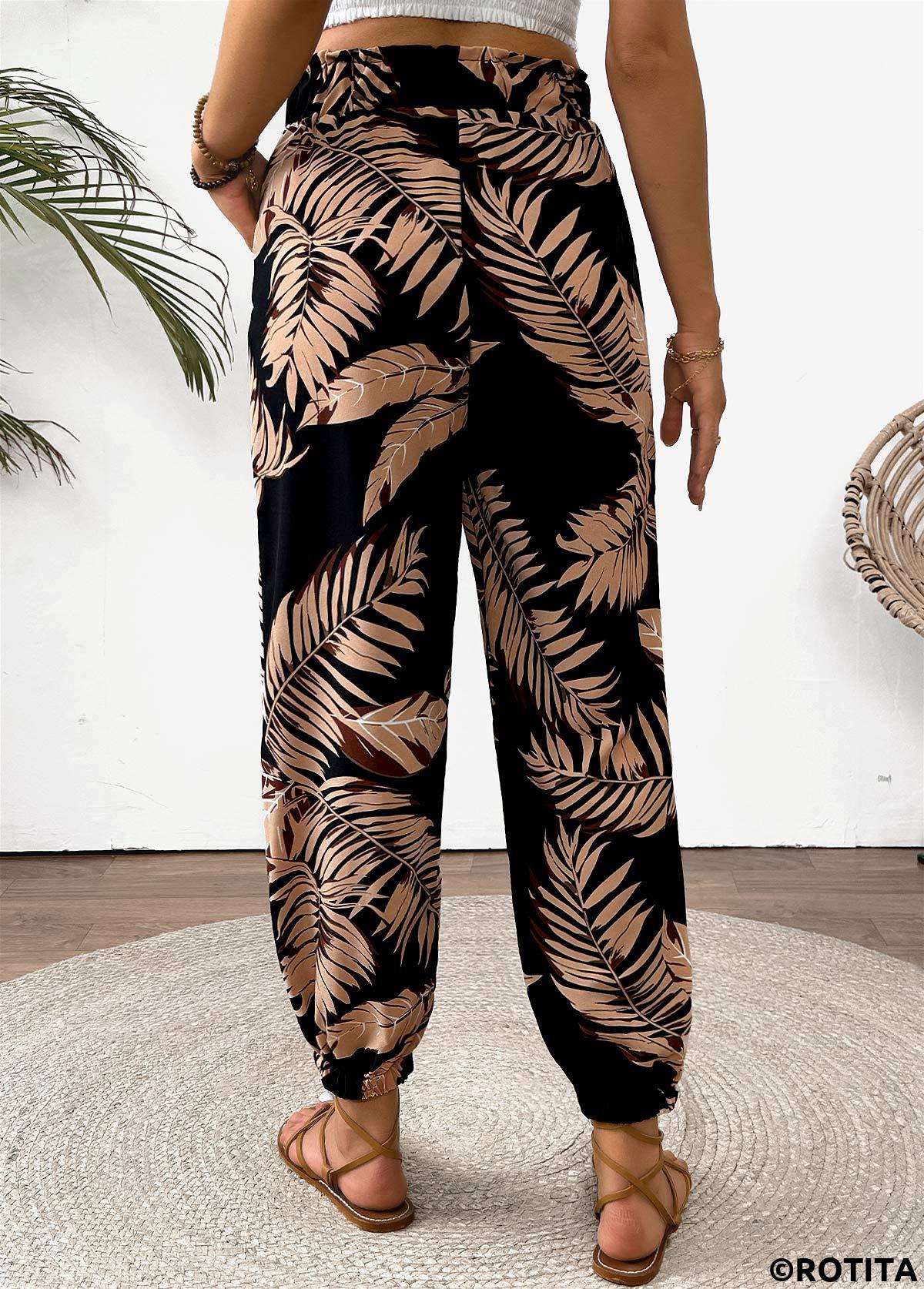 Multi Color bottoms,Plants bottoms,Tropical Plants Print Multi Color Jogger Elastic Waist Pants