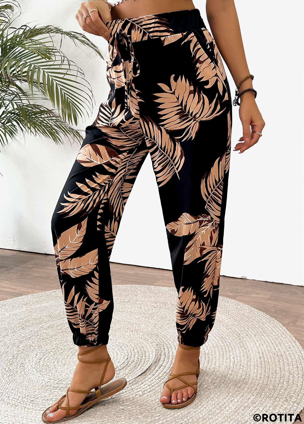 Multi Color bottoms,Plants bottoms,Tropical Plants Print Multi Color Jogger Elastic Waist Pants