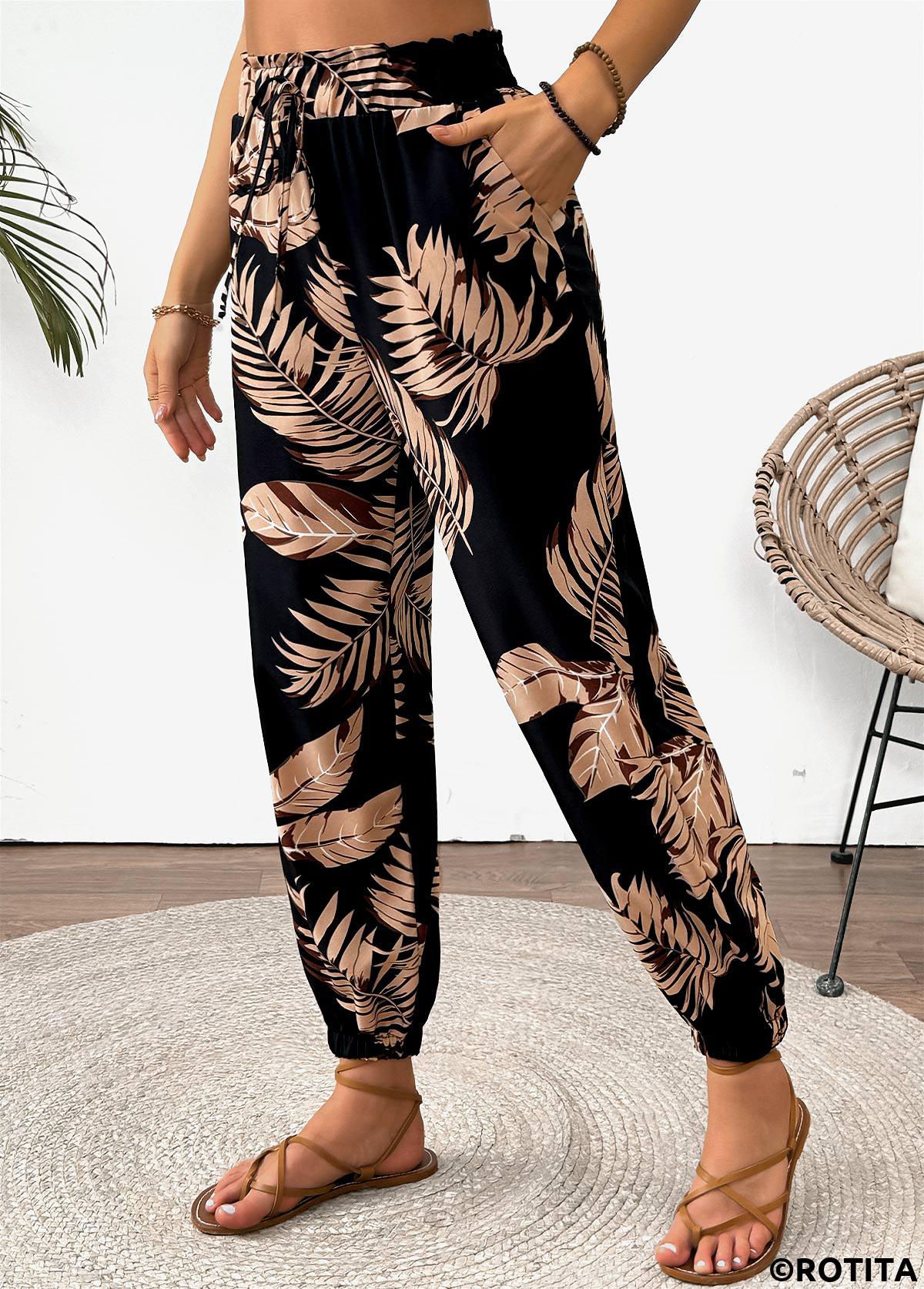 Multi Color bottoms,Plants bottoms,Tropical Plants Print Multi Color Jogger Elastic Waist Pants